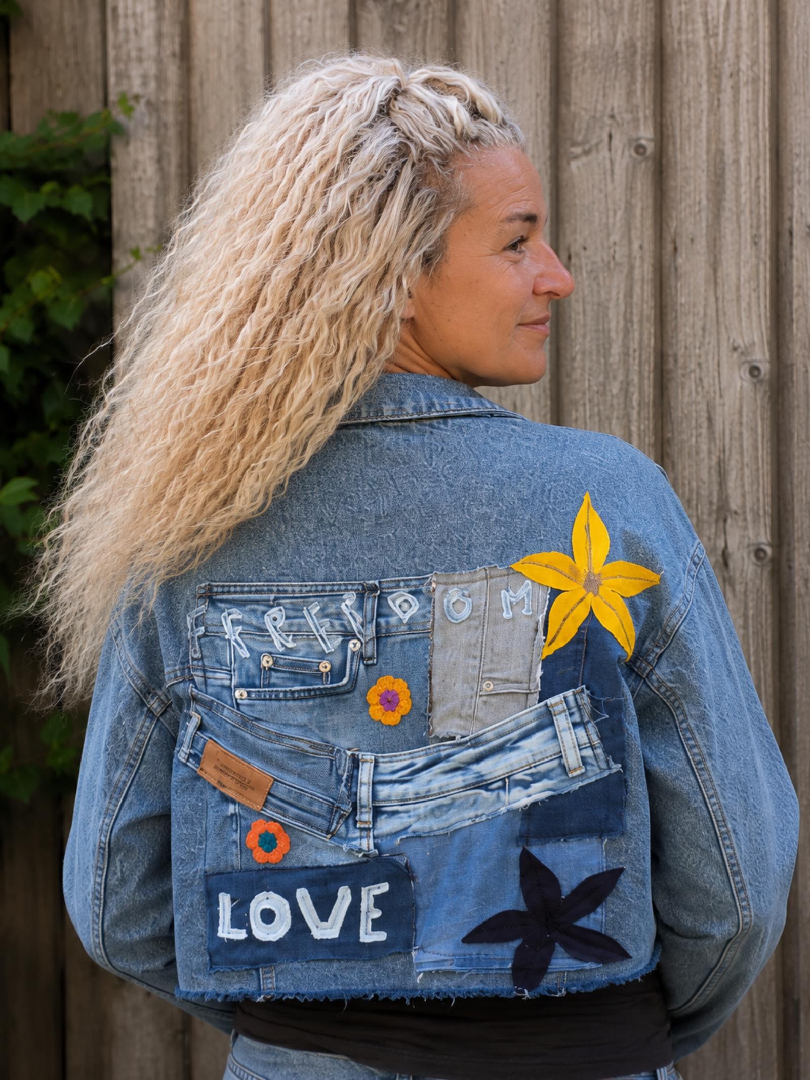 Detail van het handgemaakte upcycled denim kunstwerk op de achterkant van een One of a Kind jeans crop jasje van Old New Atelier.