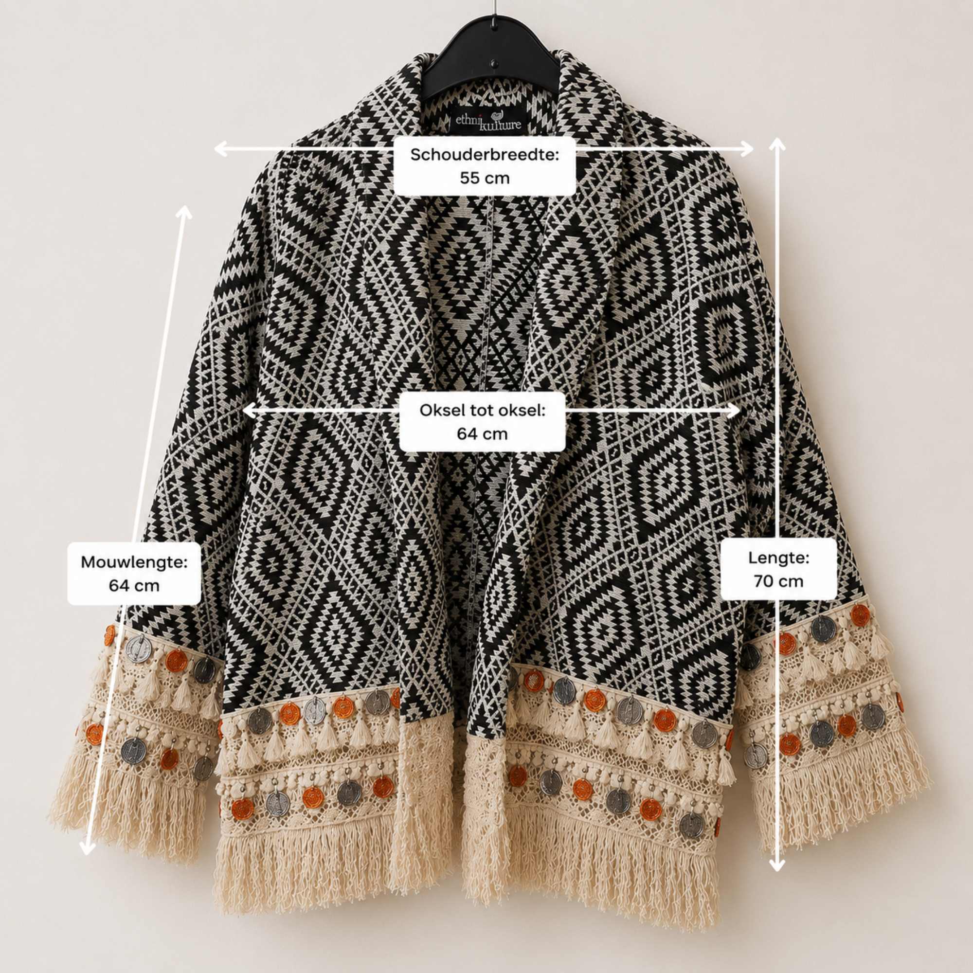 Afmetingen van het boho kimono jasje zwart crème.
