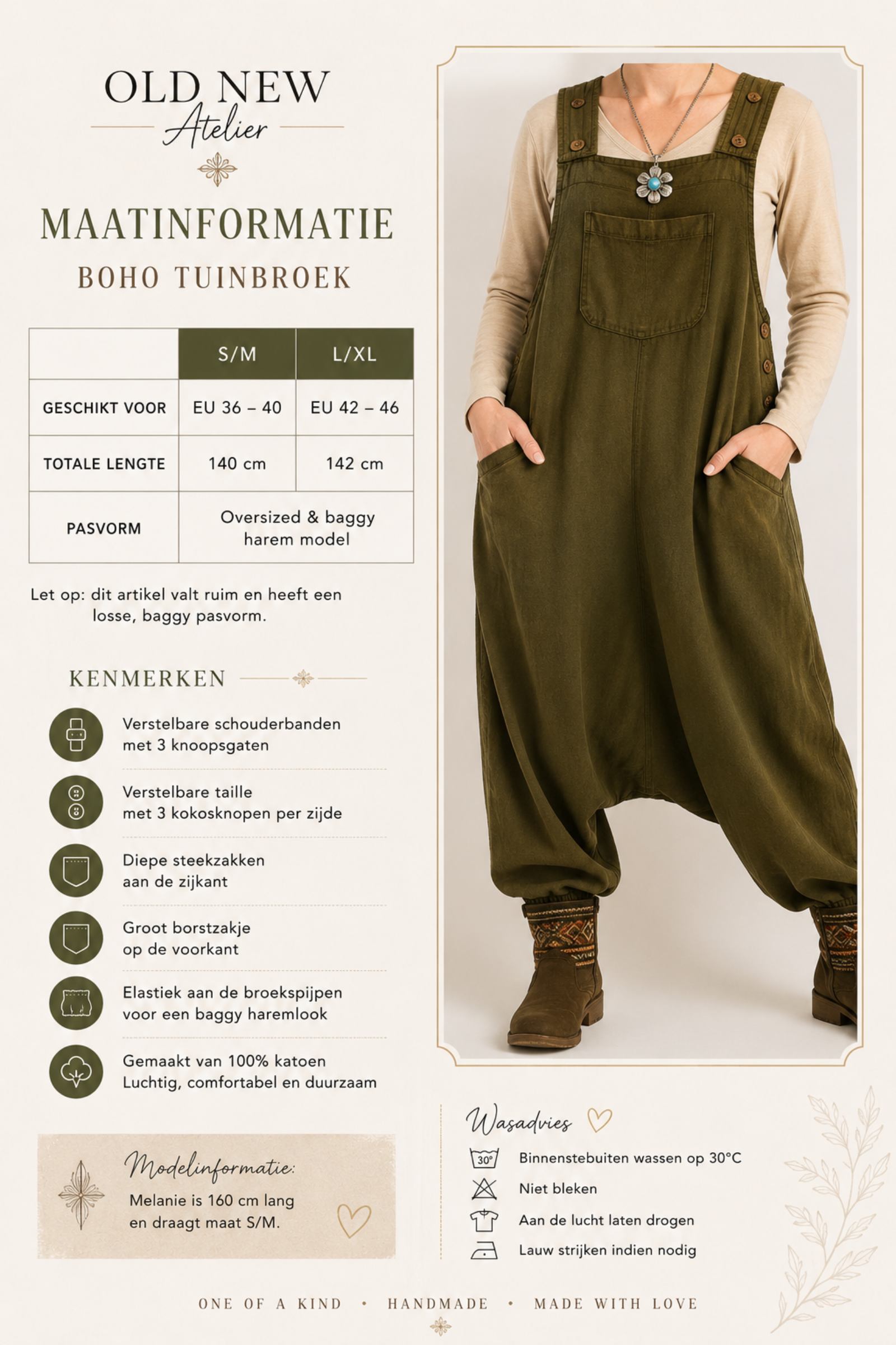 Maatinformatie van de zwarte boho tuinbroek met beschikbare maten S/M en L/XL en kenmerken van de oversized harem pasvorm.