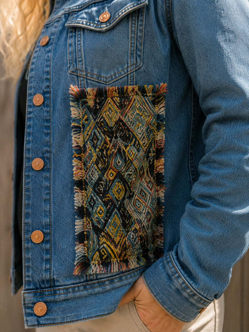 Close-up geweven patchwork met rafelranden op Madonna Spirit jeansjasje