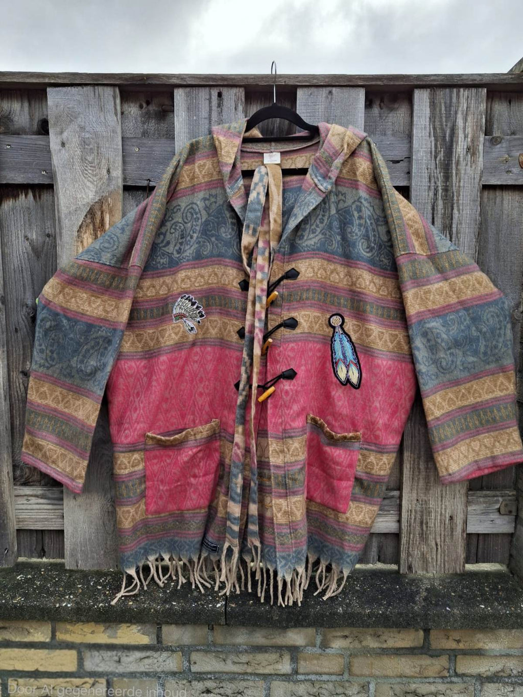 Boho hoodie vest met franjes en patches in roze, groen en beige tinten – one of a kind festival style van Old New Atelier