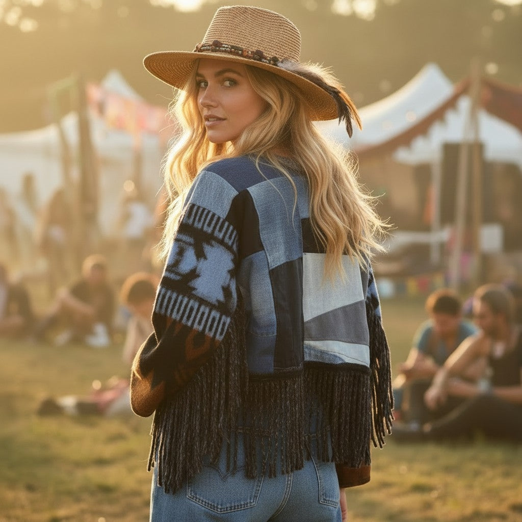 boho patchwork denim jasje met franjes festival stijl