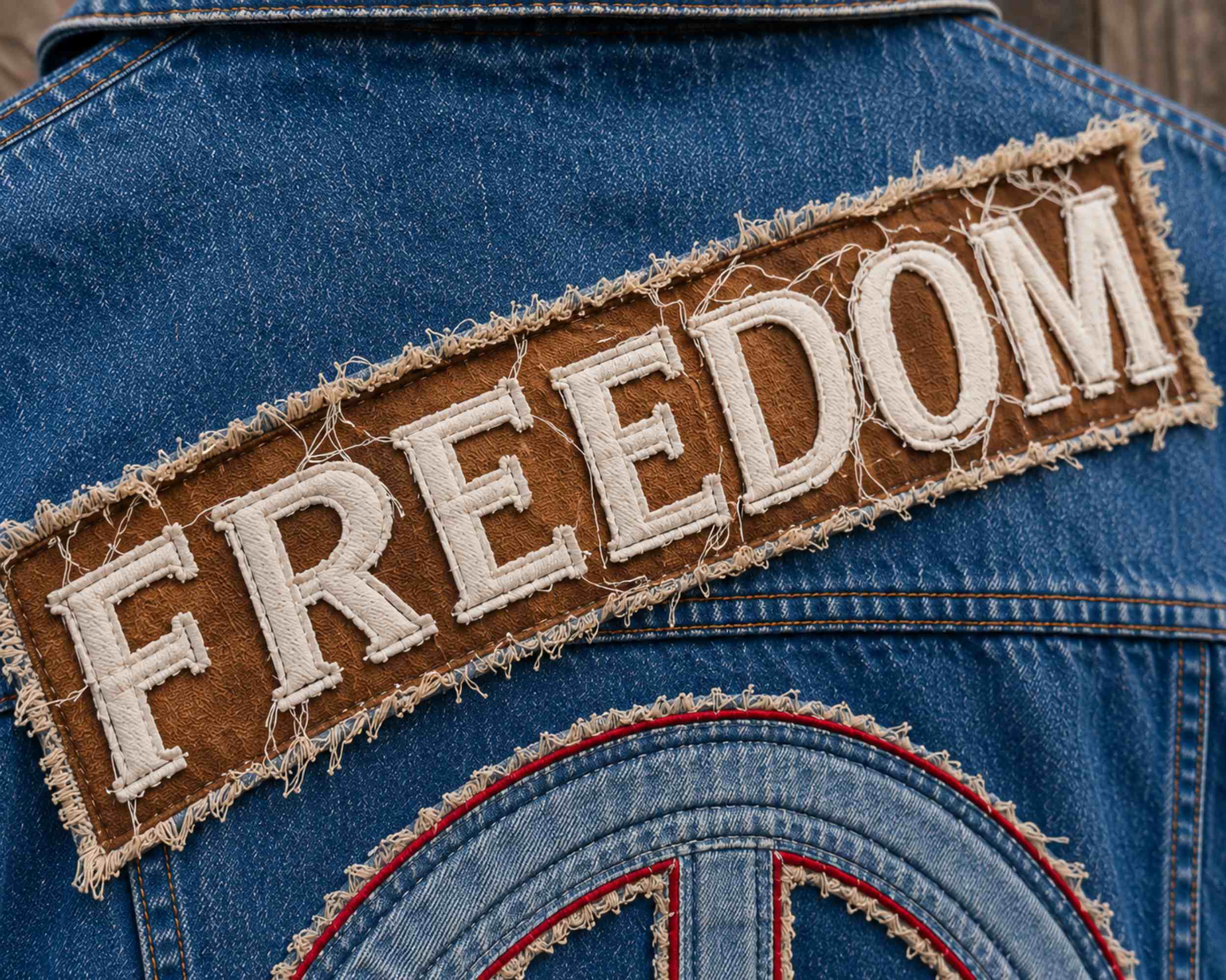 Close-up Freedom applicatie met rafelranden op upcycled denim jasje