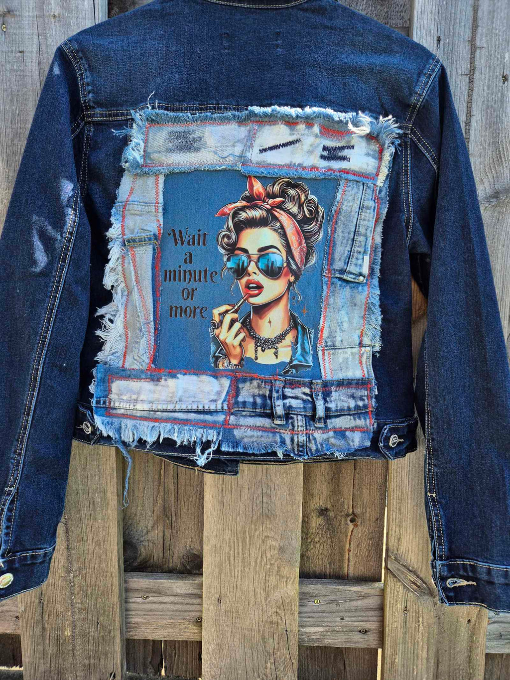 upcycled denim jacket back print handmade patchwork