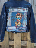 upcycled denim jacket back print handmade patchwork