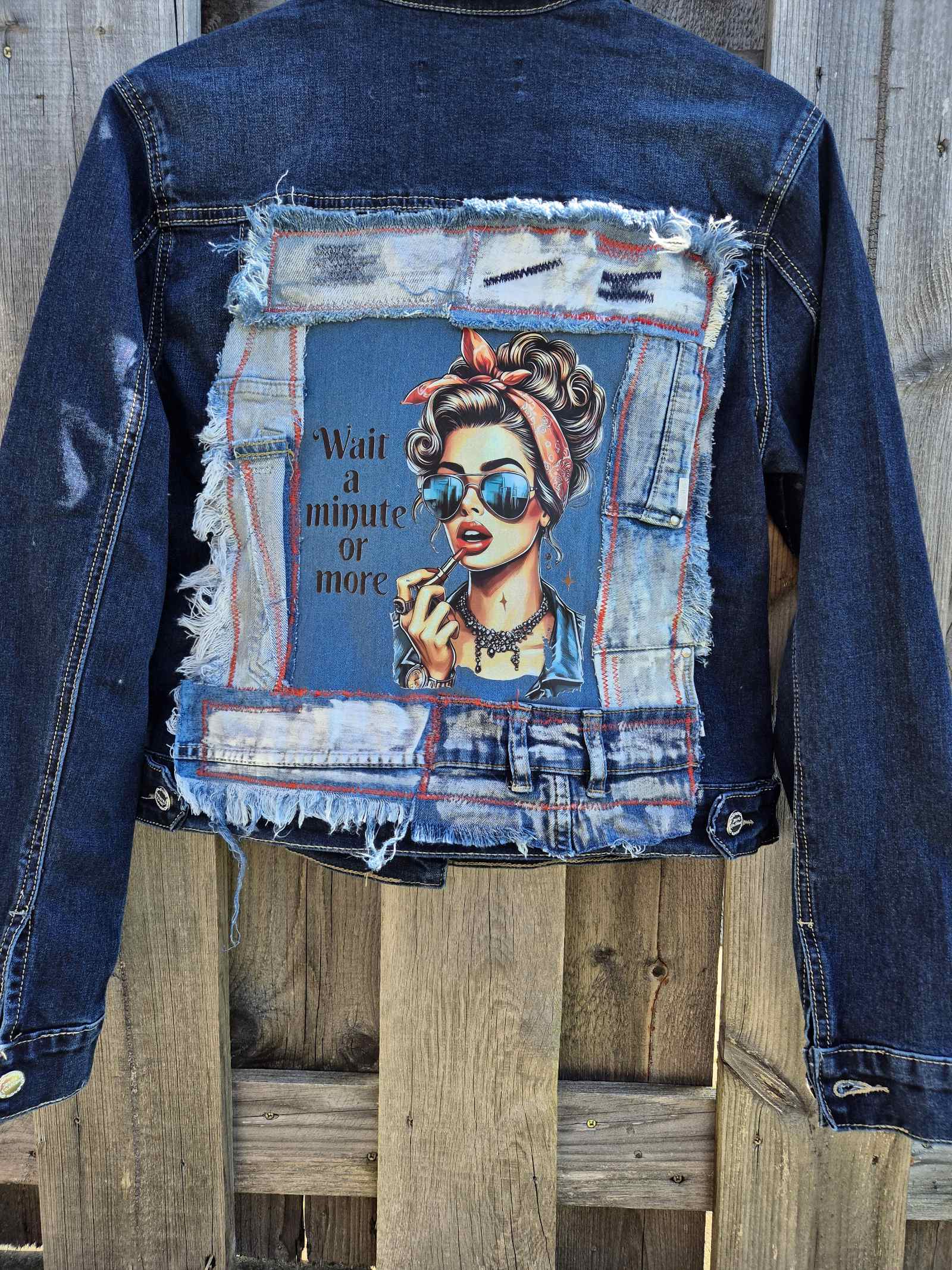 upcycled denim jacket back print handmade patchwork
