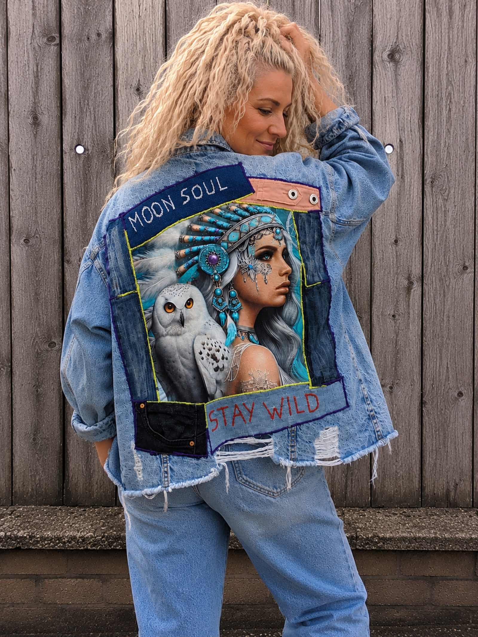 Vrouwelijk model kijkt over haar schouder terwijl ze het Moon Soul upcycled denim jasje draagt met Stay Wild artwork.