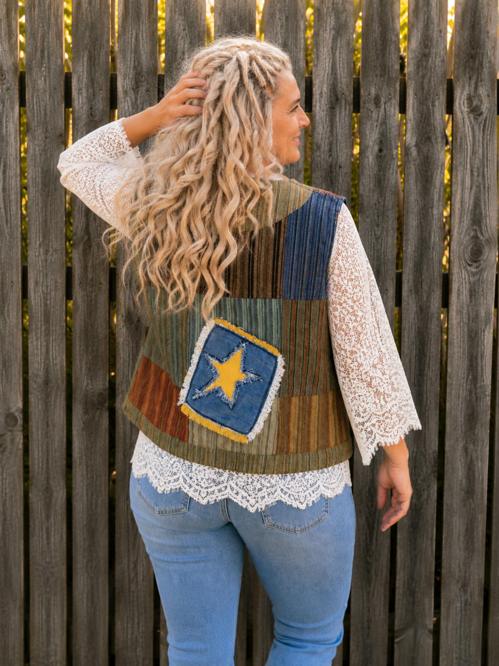 Gedragen One of a Kind boho hesje met sterpatch en denim details, handgemaakt door Old New Atelier.