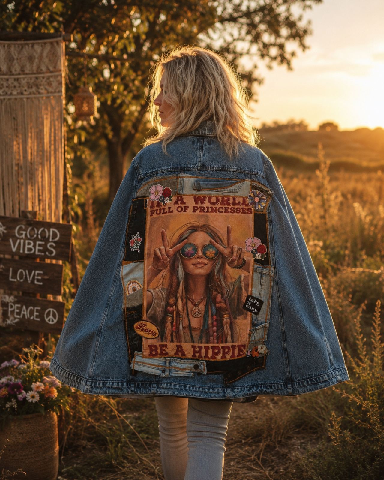 Boho festival sfeerbeeld oversized denim poncho