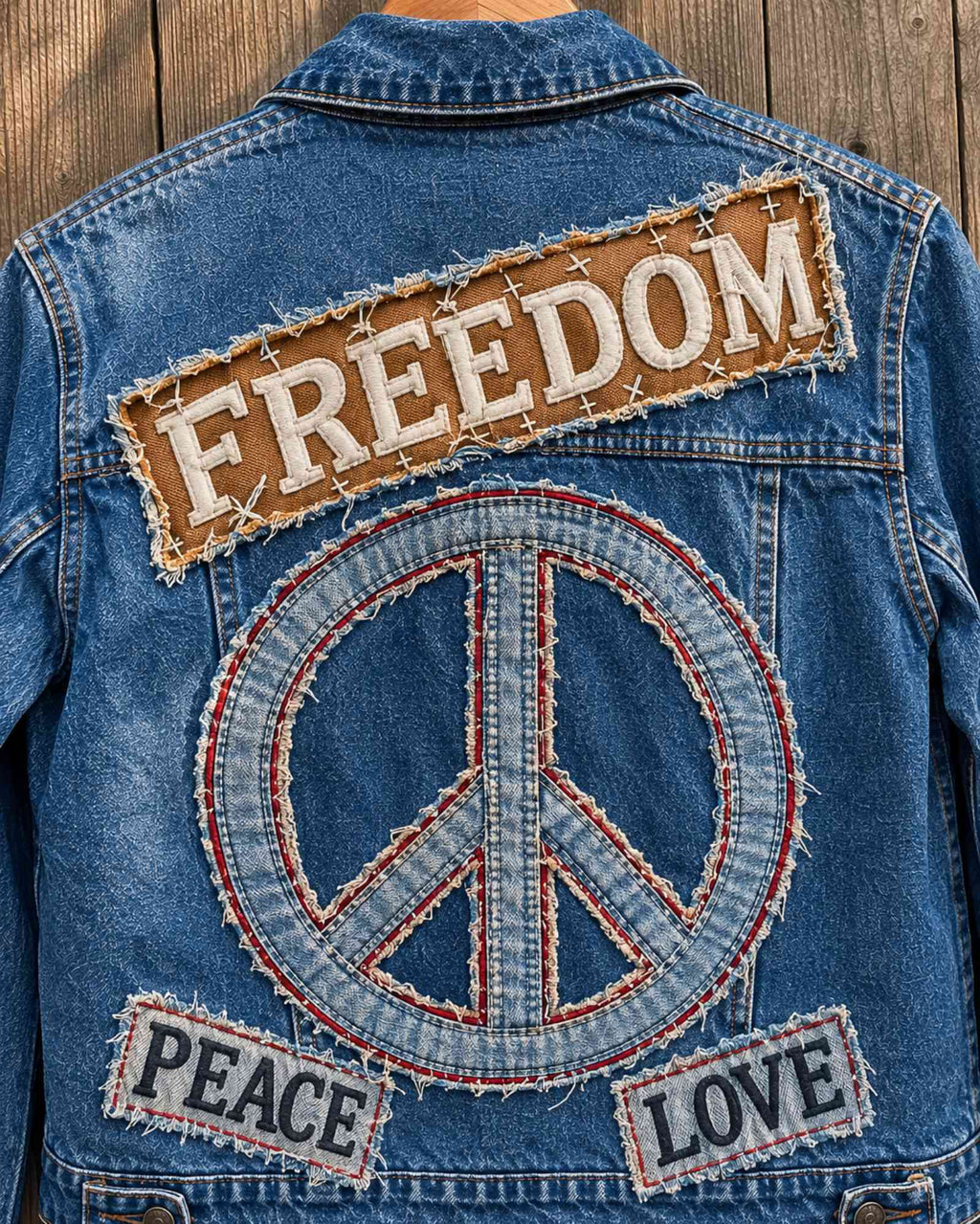 Close-up Freedom applicatie met rafelranden op upcycled denim jasje