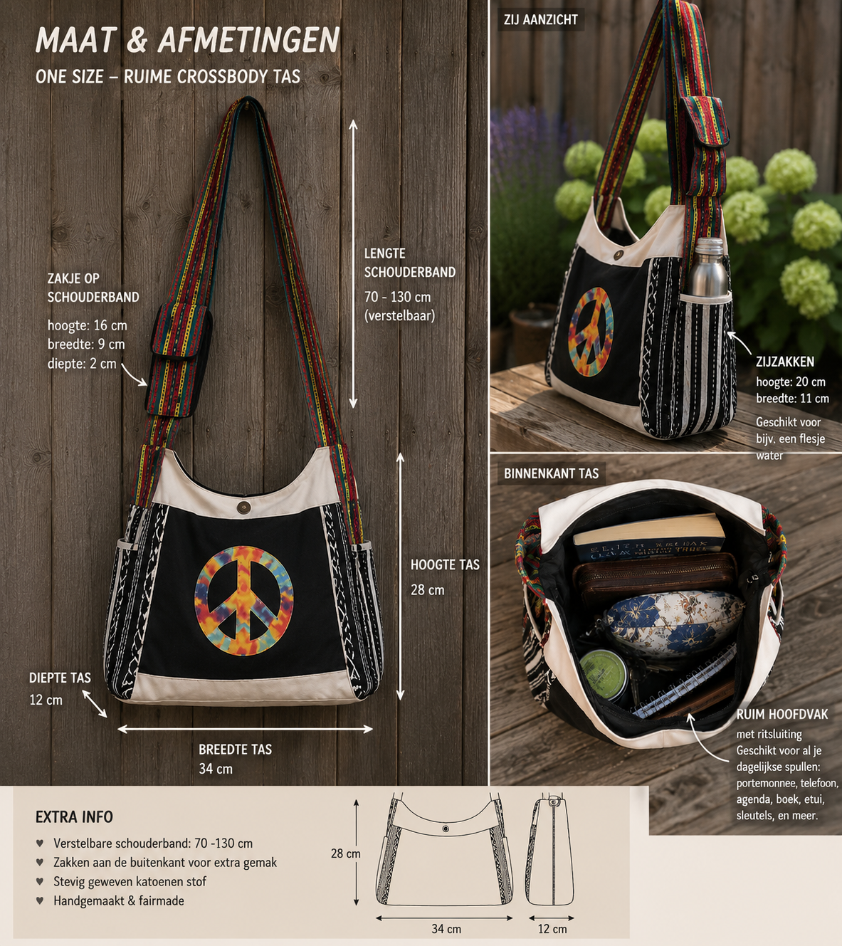 Handgemaakte Boho Crossbody Tas – Peace Patch – One of a Kind