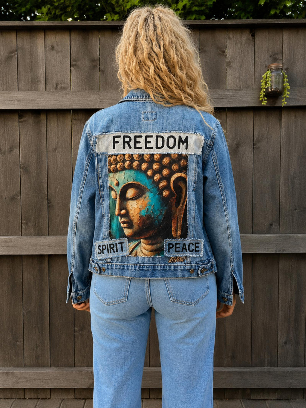 Freedom Spirit upcycled denim jasje gedragen van achteren met Buddha kunstwerk en Freedom Spirit Peace
