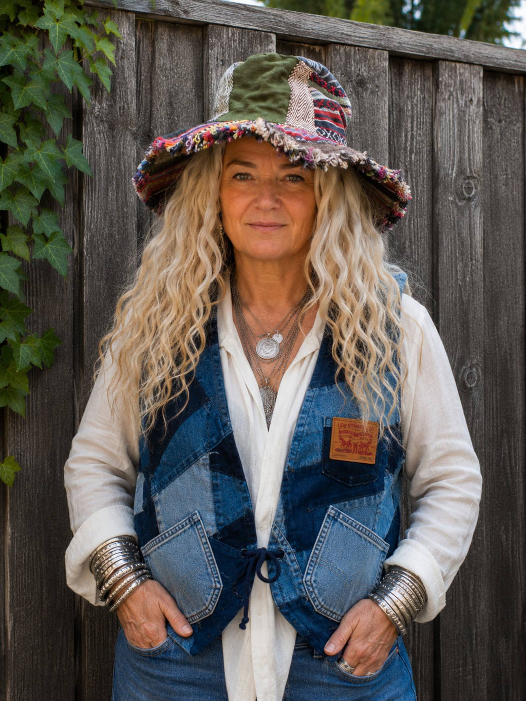 Handgemaakte patchwork boho hoed uit Nepal gedragen met wit boho blouse en upcycled Levi's hesje.