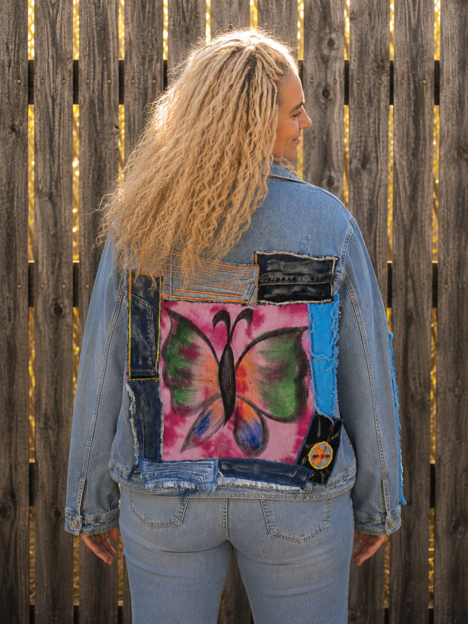 Achterzijde van een One of a Kind upcycled denim jasje met kleurrijke vlinder artwork van Old New Atelier.
