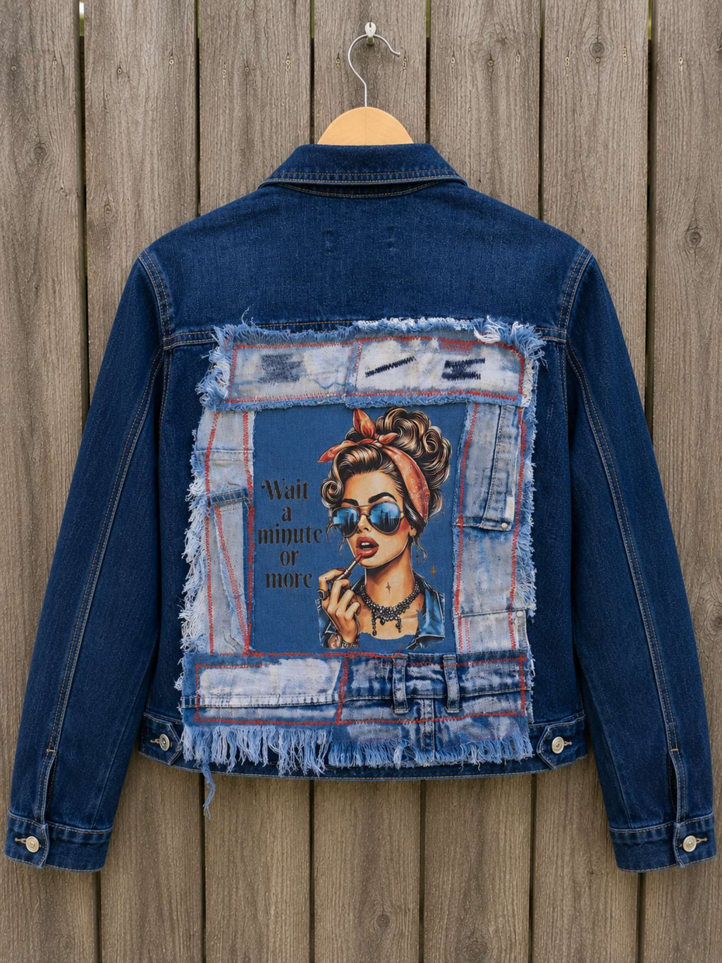 Wait a Minute upcycled denim jasje achterkant op hanger met artwork - Old New Atelier