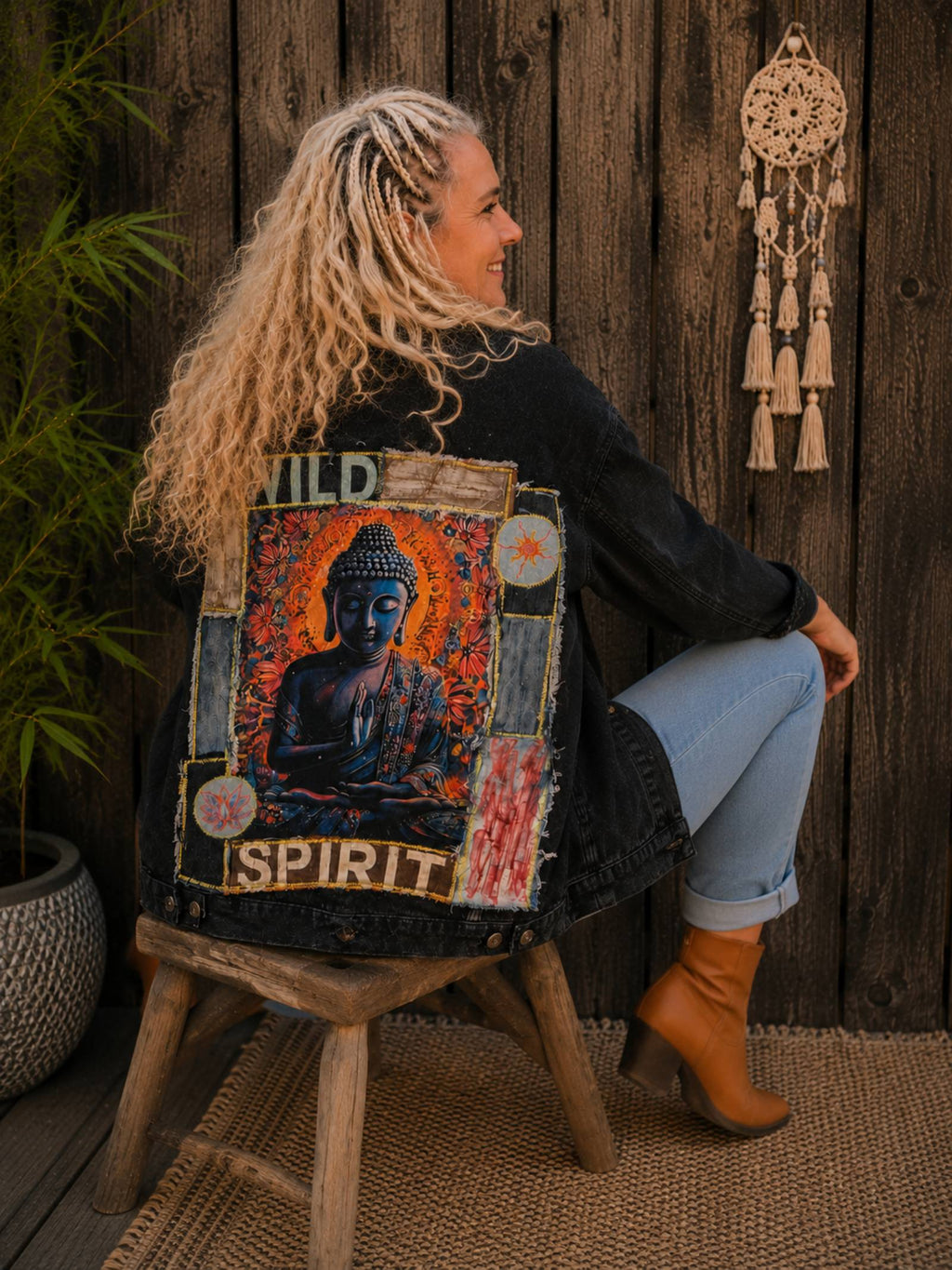 Vrouwelijk model zit op een houten kruk en draagt een one of a kind Wild Spirit Buddha denim jasje van Old New Atelier.