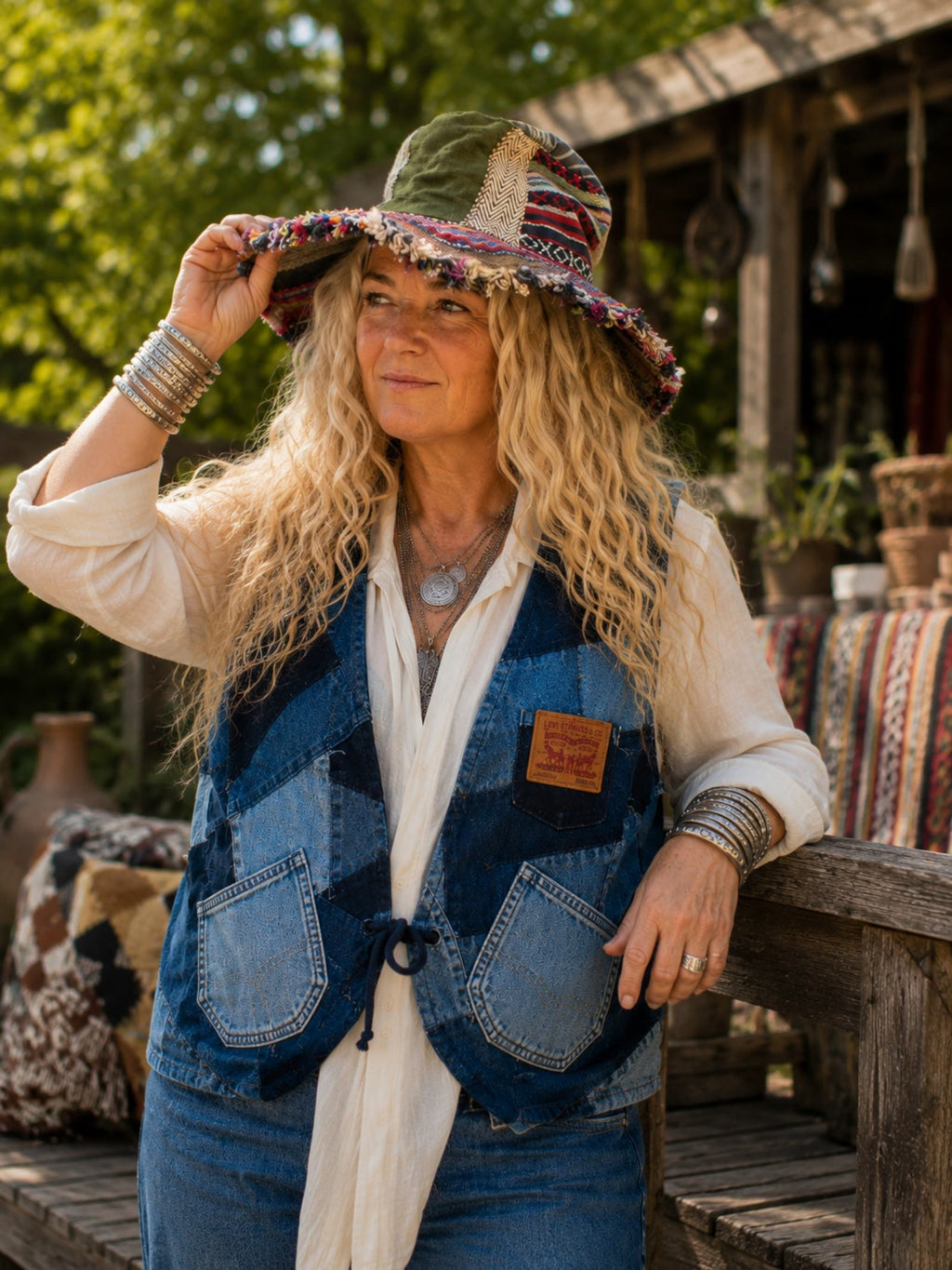One of a Kind patchwork hoed uit Nepal tijdens een bohemian lifestyle fotoshoot in de tuin.