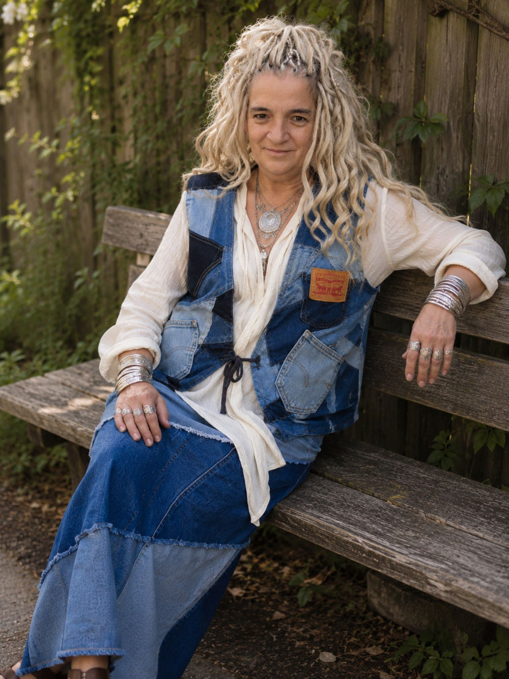 Handgemaakt upcycled denim patchwork hesje gecombineerd met een boho outfit op een houten bankje.