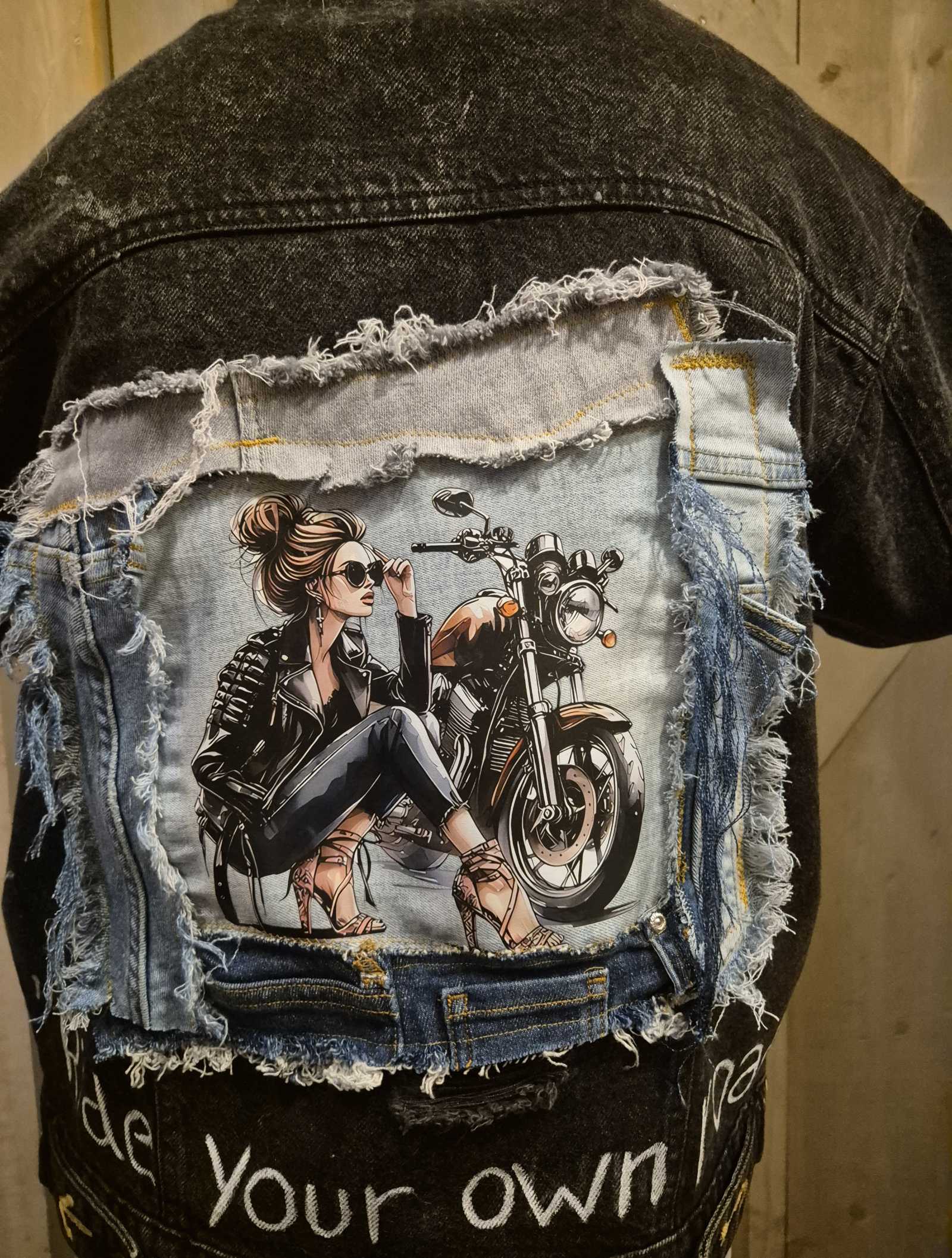 Handmade upcycled denim jacket patchwork artwork