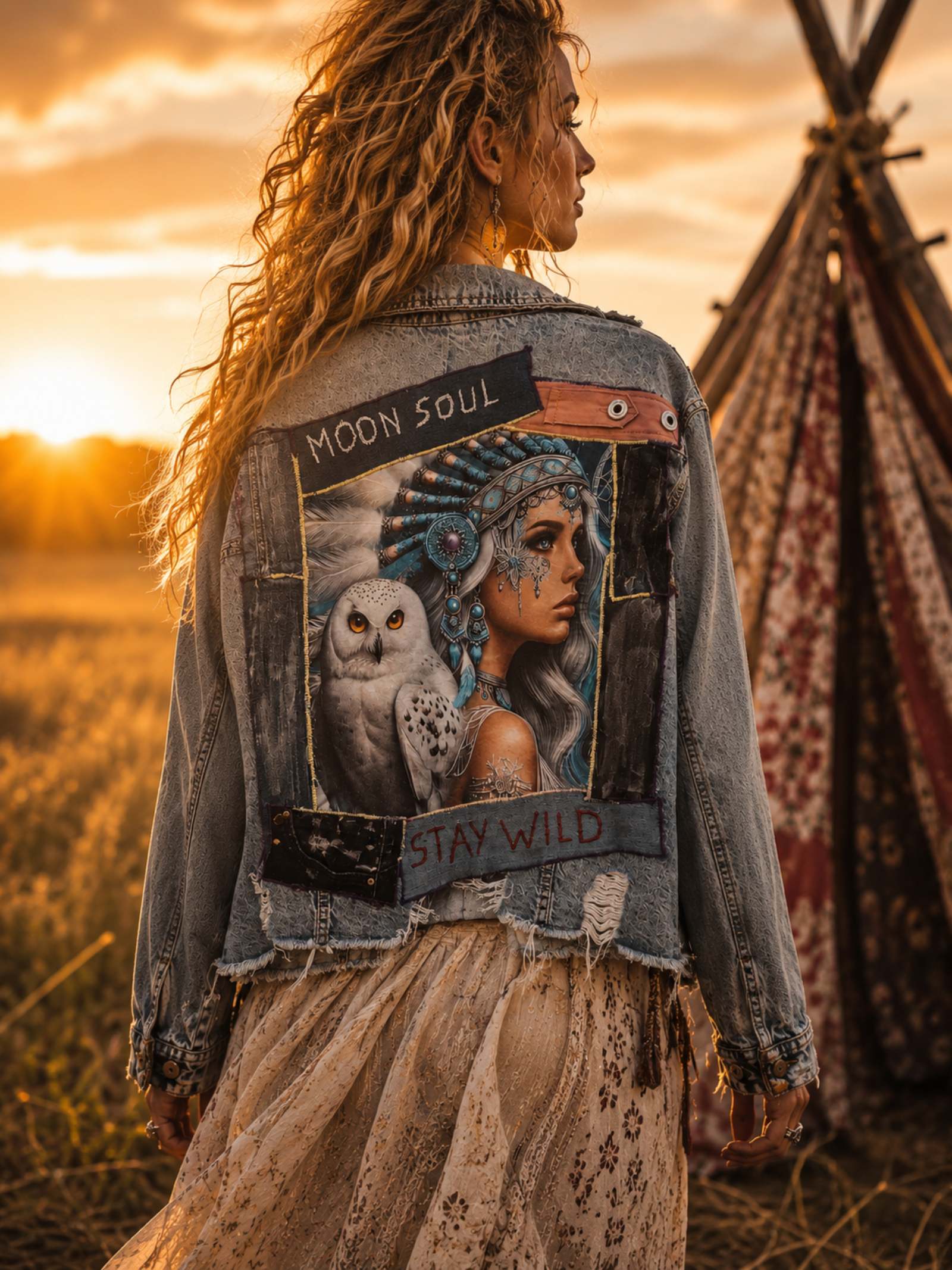 Handgemaakt upcycled denim jasje met Moon Soul artwork en uil op de achterkant gedragen door model tijdens golden hour festival sfeer.