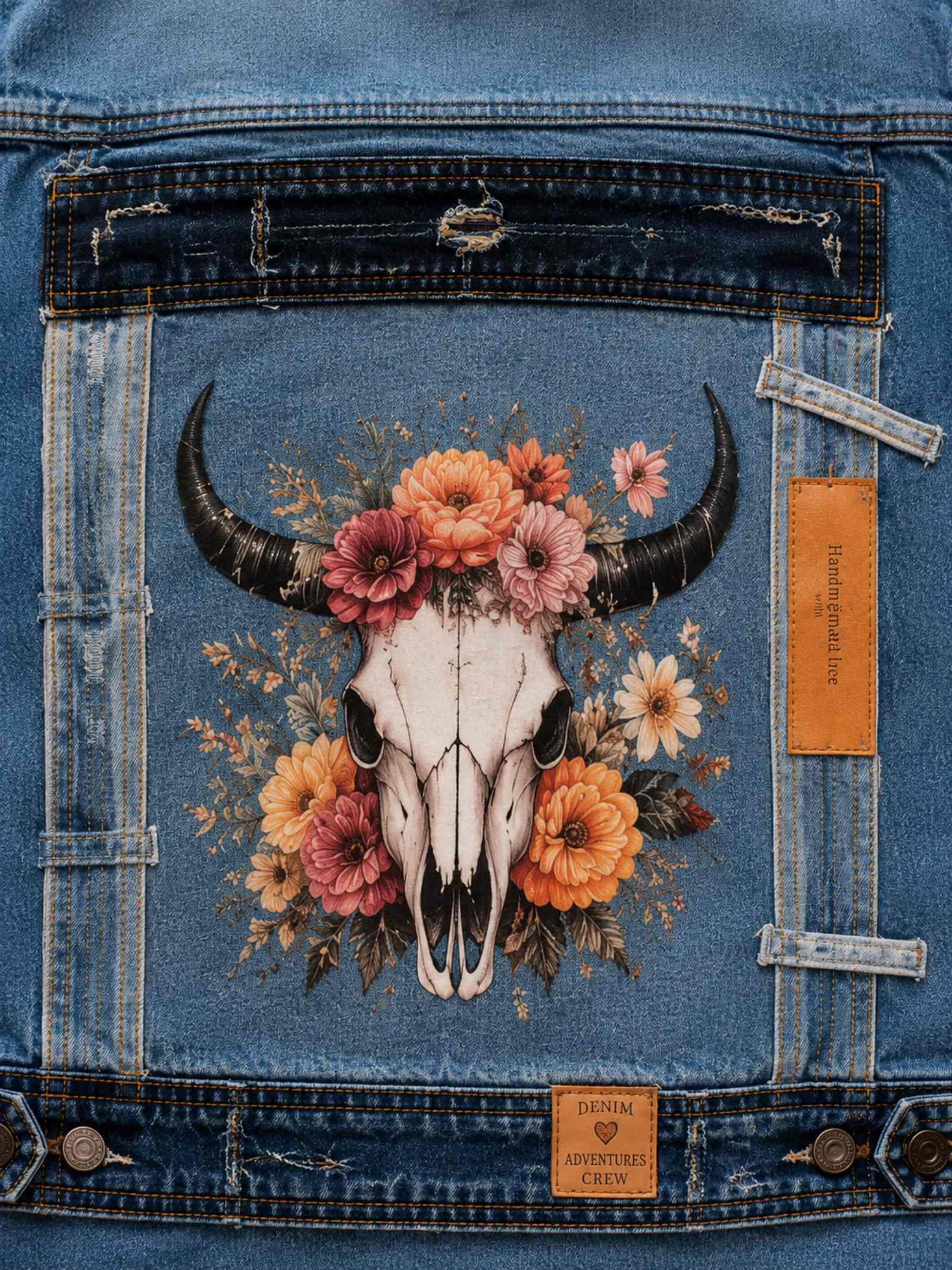 Close-up van de handgemaakte buffelschedel met bloemen op de achterkant van het One of a Kind upcycled denim jasje.