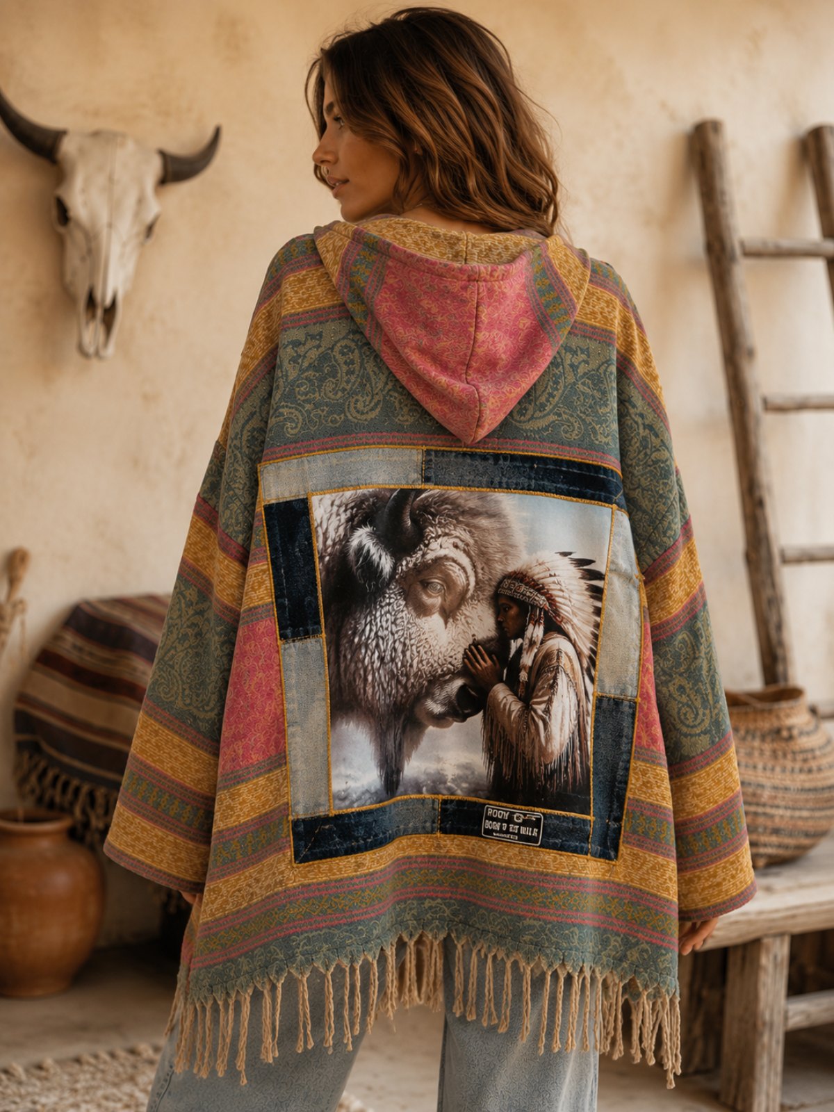 Oversized boho hoodie achterkant gedragen door model