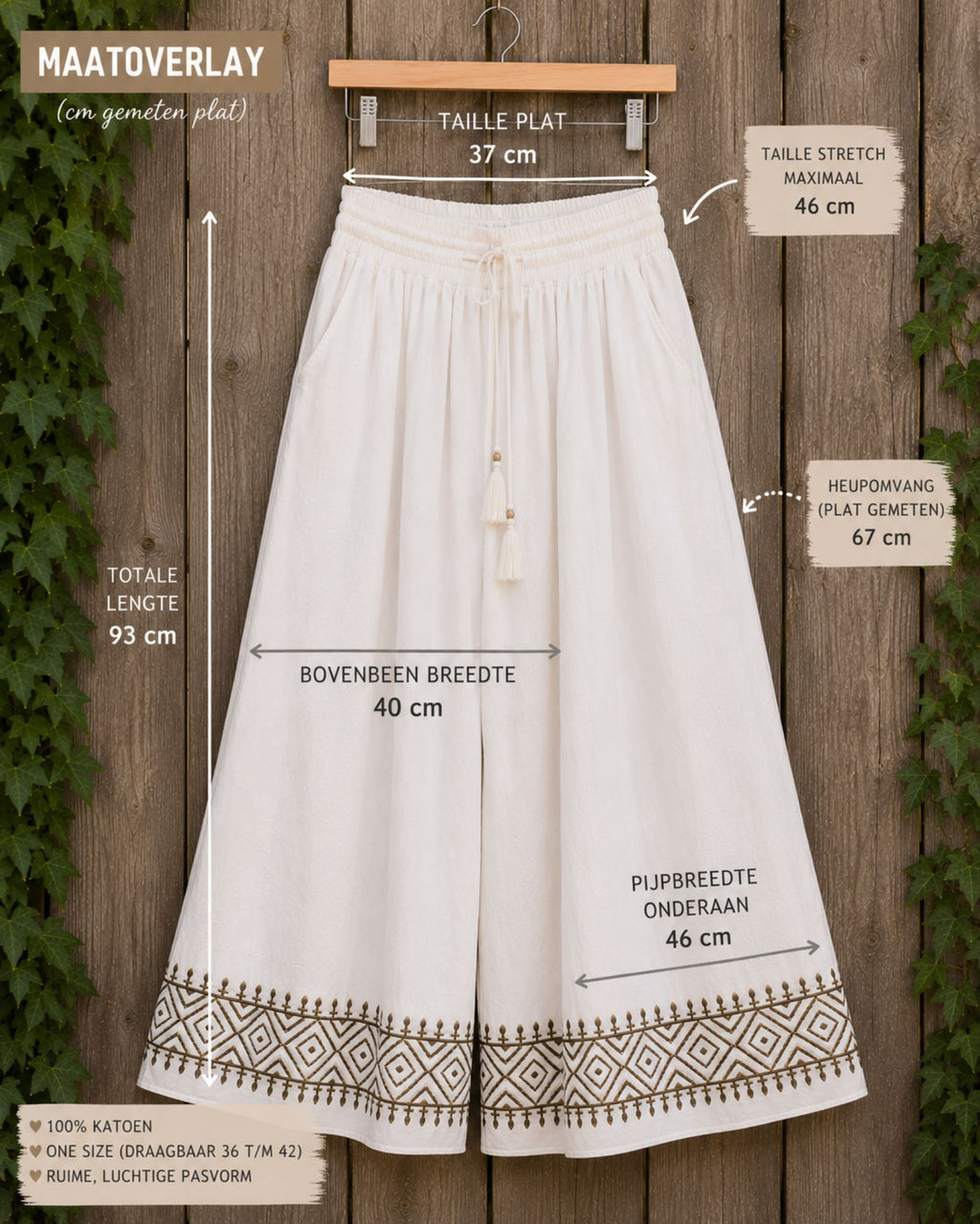 Maatoverlay van one size boho broek met afmetingen.