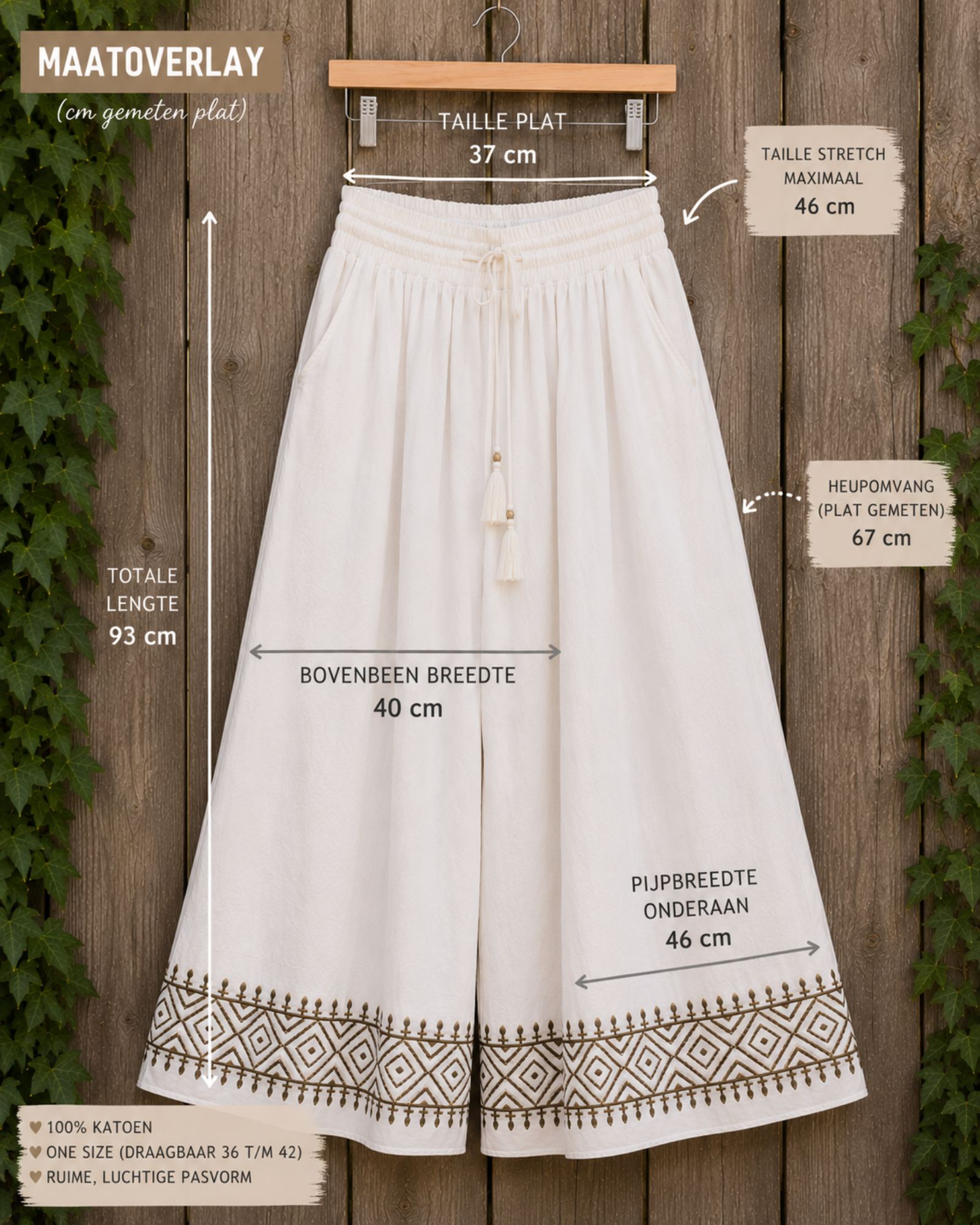 Maatoverlay van one size boho broek met afmetingen.