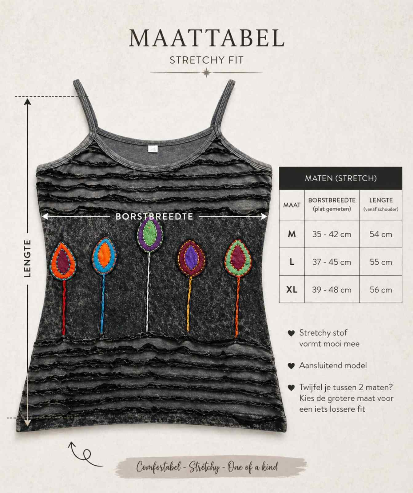 maattabel boho top dames stretchy katoen maten m l xl