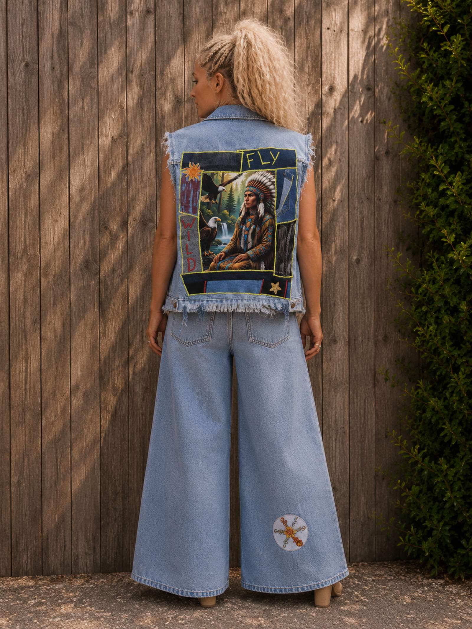 One of a Kind denim hesje met Fly Wild patchwork op de achterkant, gecombineerd met een wijde jeansbroek en gedragen door model van Old New Atelier.