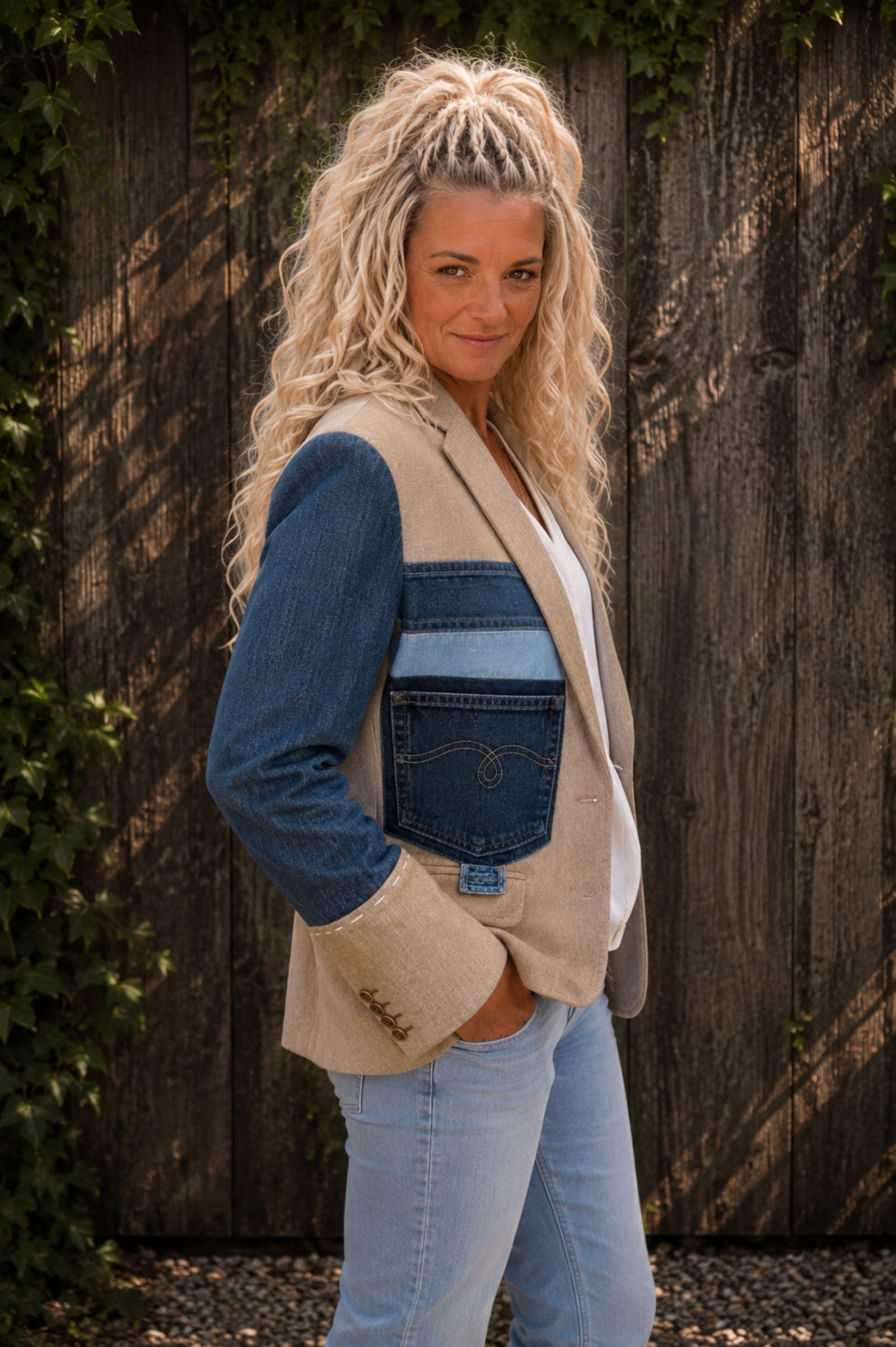 Upcycled blazer 3-4 zijaanzicht gedragen
