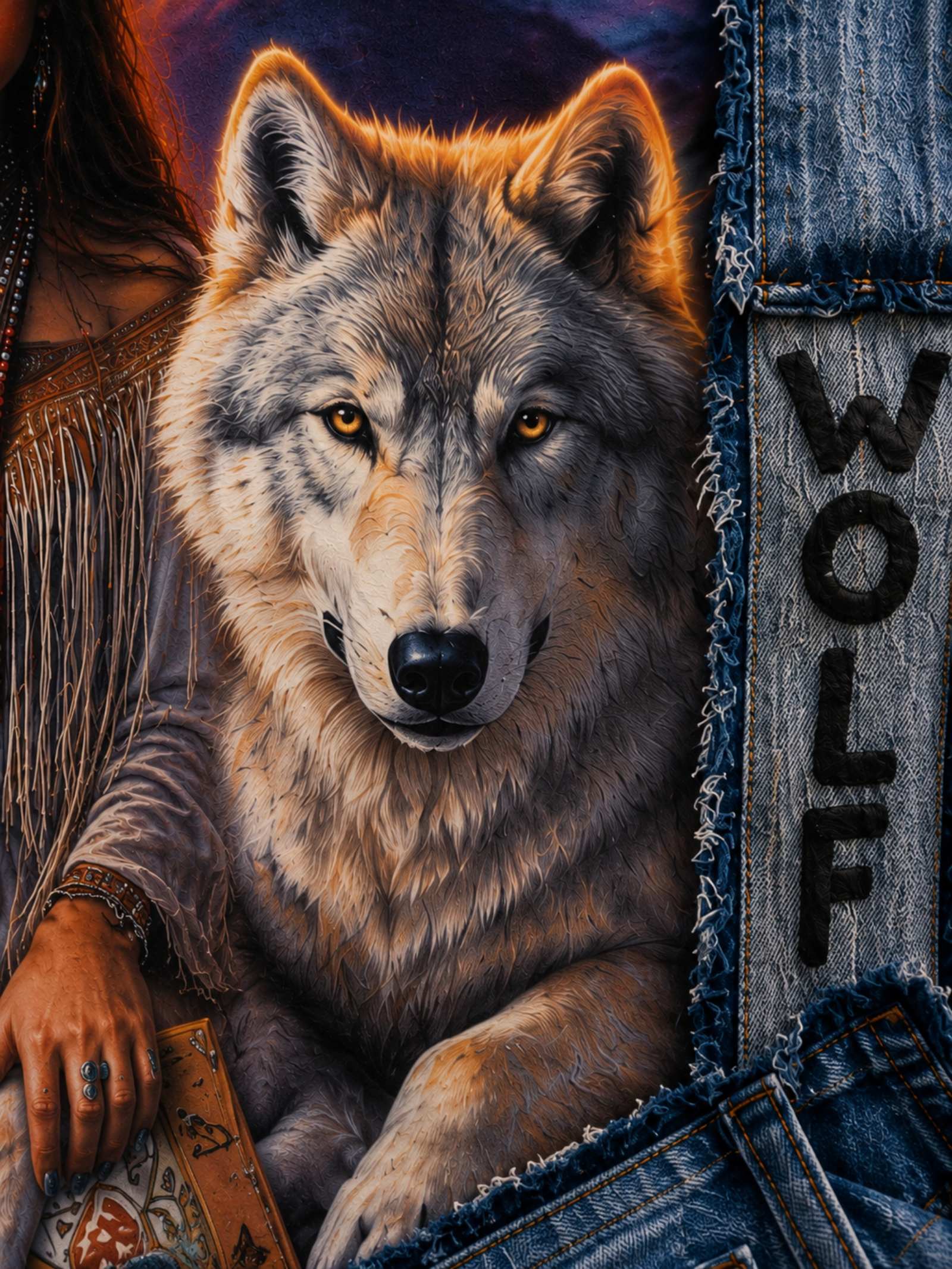 Close-up van wolf in het rugkunstwerk van het Wild Wolf denim hesje