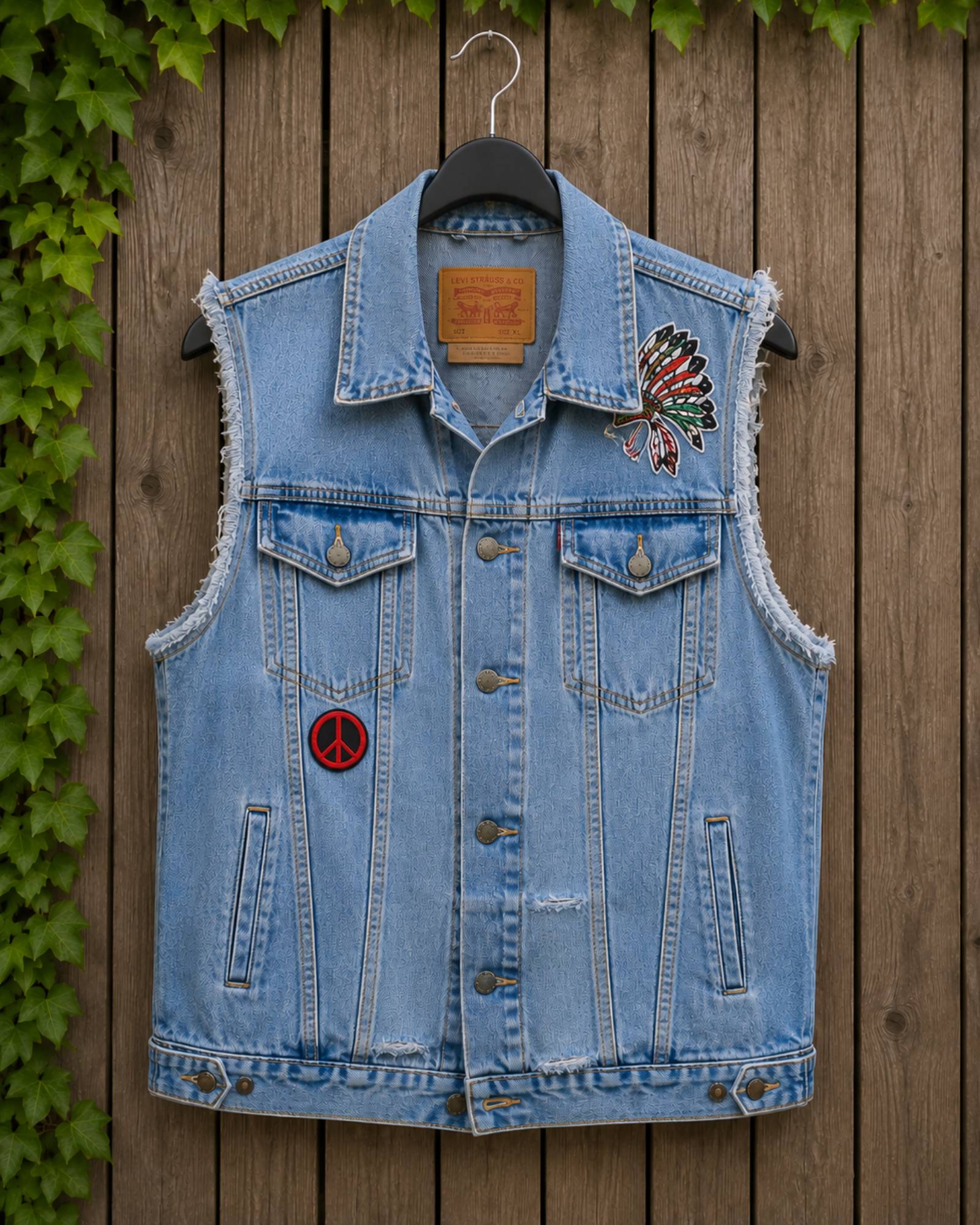 Upcycled denim hesje Wild Wolf voorkant met patches en rafelranden