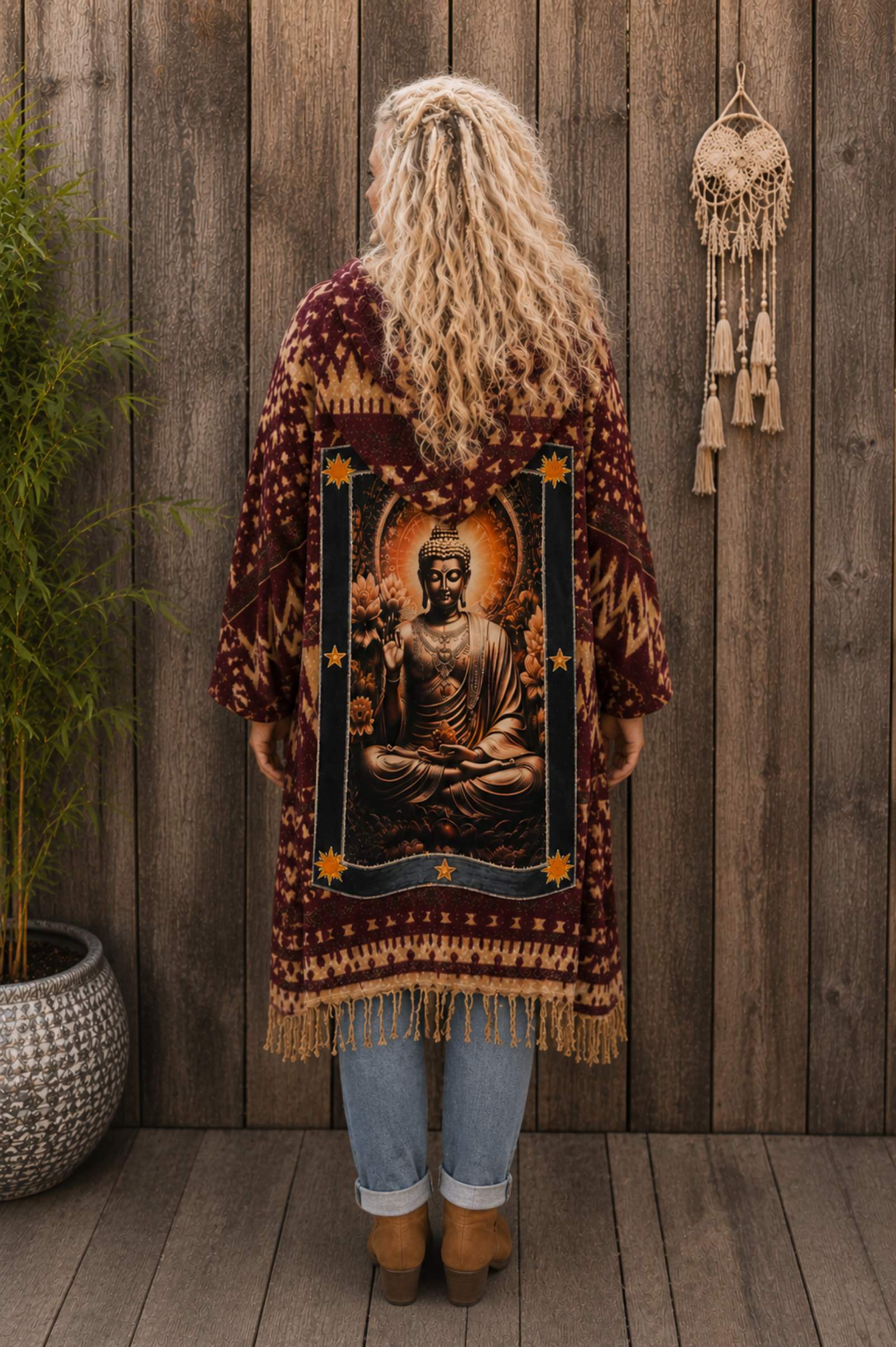 Achterzijde van een handgemaakte boho Buddha poncho met capuchon, sterren, franjes en spiritueel artwork.