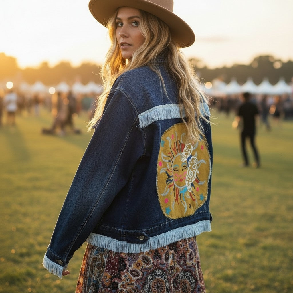 boho upcycled denim jasje met zon patch op de rug festival stijl