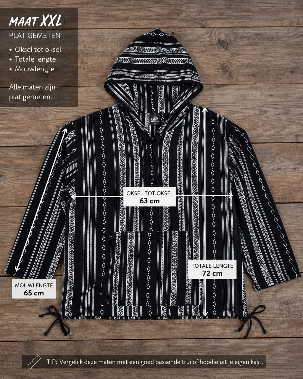 Maattabel zwart witte boho hoodie maat XXL met afmetingen
