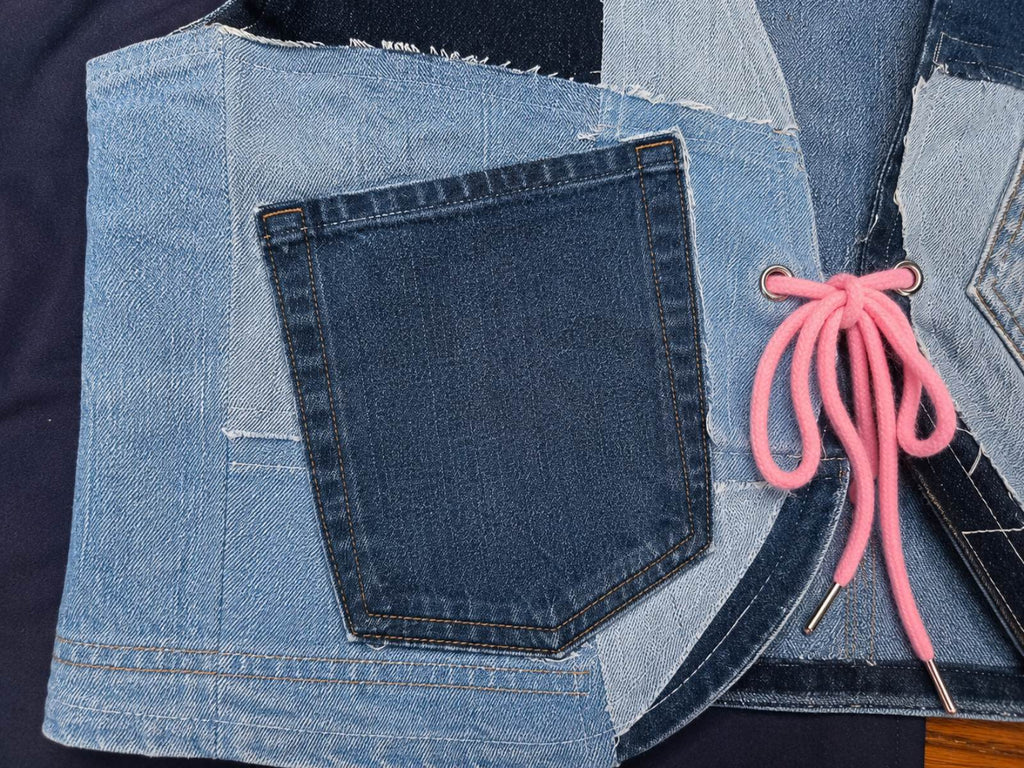 Close-up van de linker originele Levi's jeanszak op het Blue Nomad patchwork hesje.