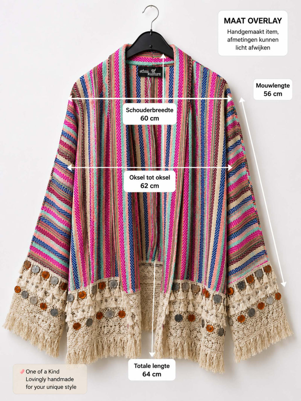 Boho vest Ibiza multicolor met franjes maatoverlay afmetingen one size Old New Atelier
