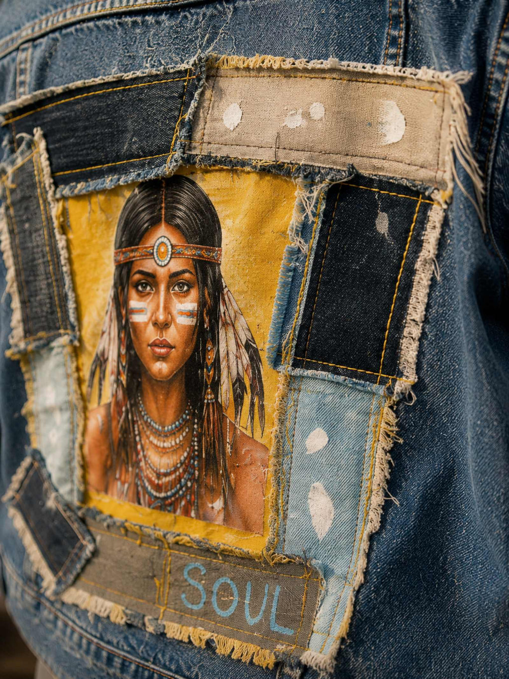 Close-up van het handgemaakte Indian Soul kunstwerk met rafels, denimlagen en zichtbare stiksels op het upcycled denim jasje.