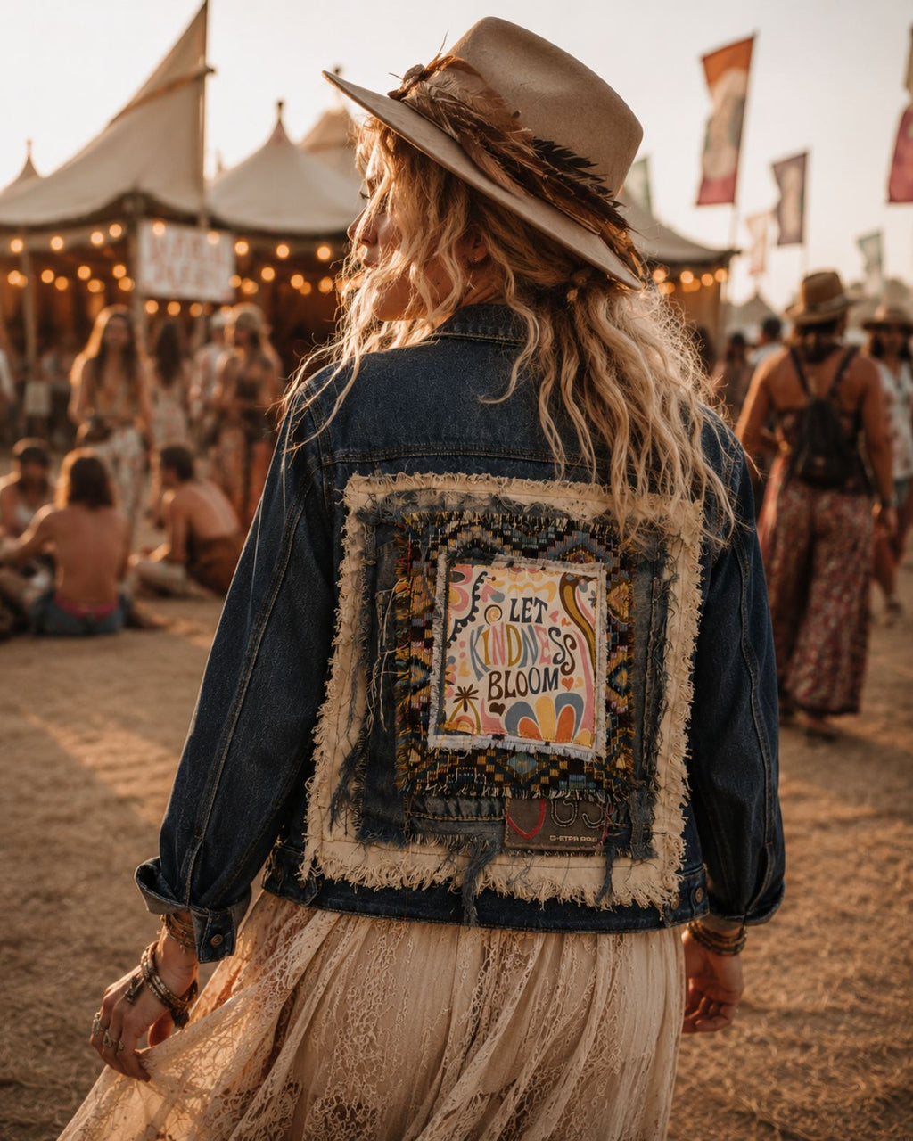Boho festival model draagt one of a kind upcycled denim jacket met patchwork achterkant