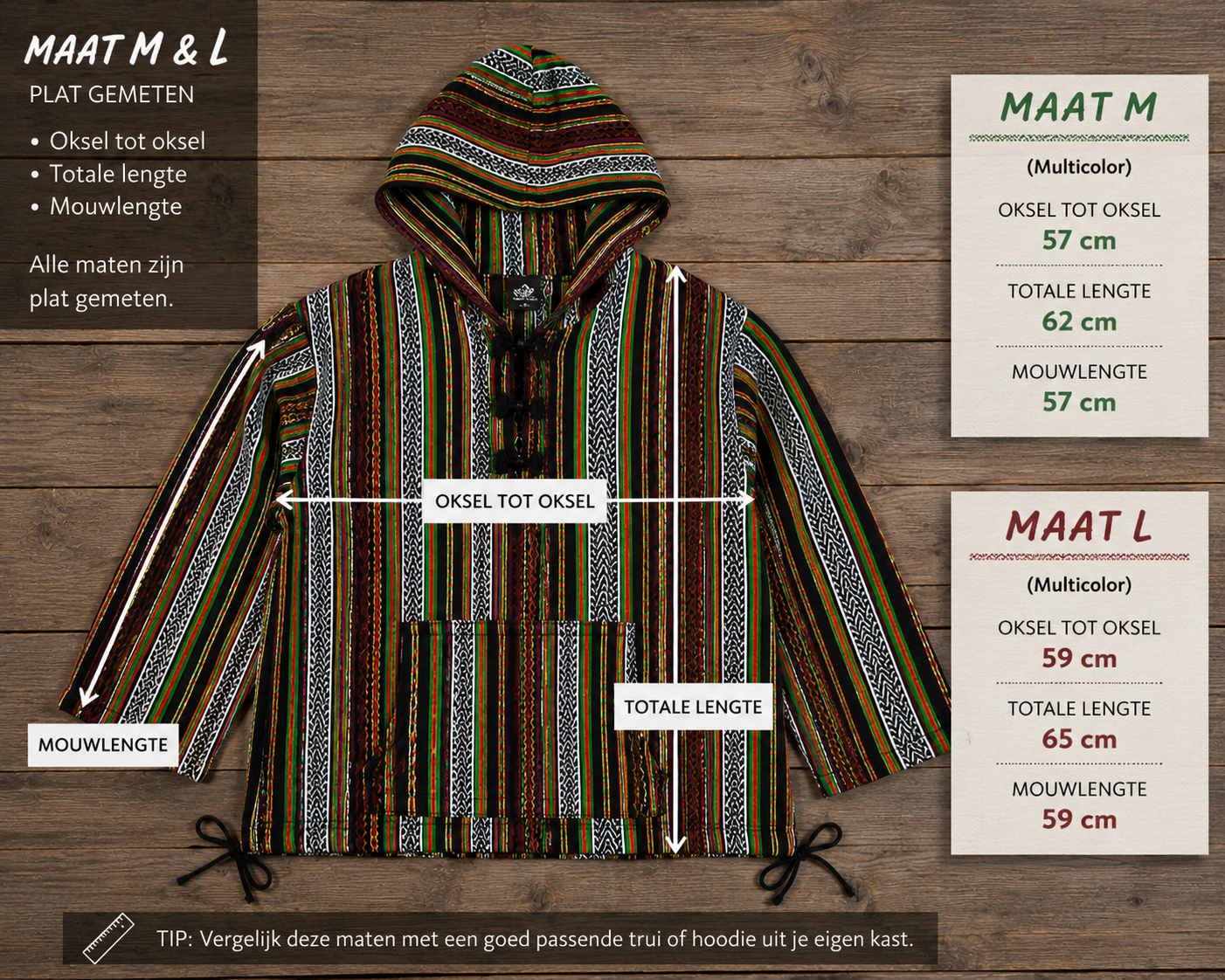 Maattabel multicolor boho hoodie maat M en L met afmetingen