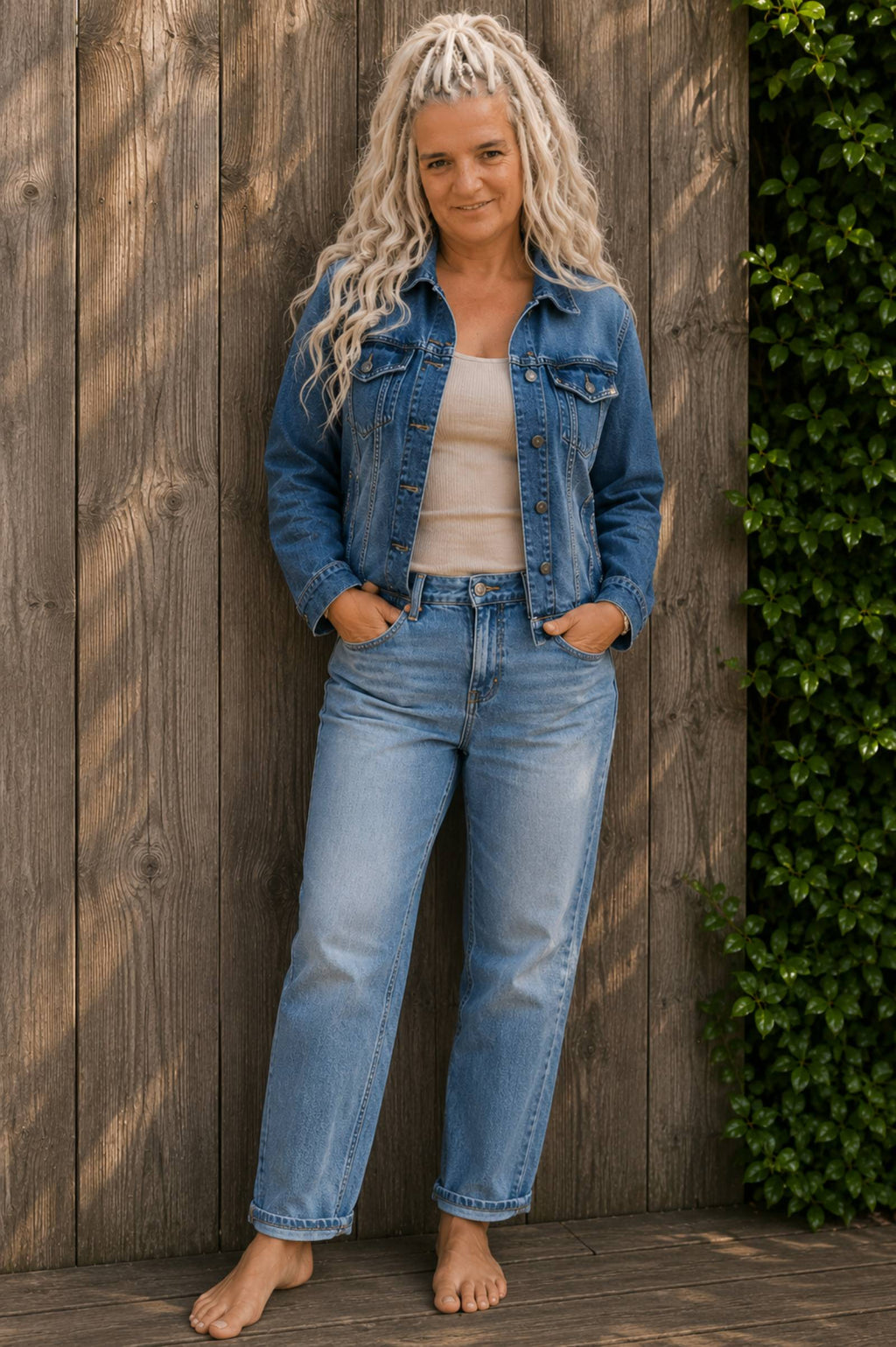 Freedom upcycled denim jasje gedragen met crème top en jeans