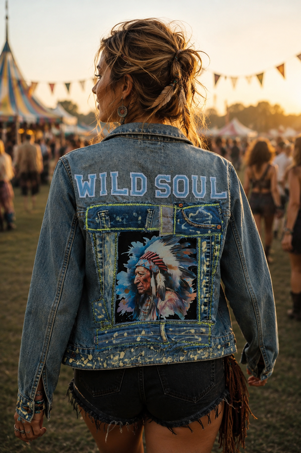 Gedragen model draagt het handgemaakte Wild Soul upcycled denim jasje van Old New Atelier tijdens een boho festival. One of a kind spijkerjasje met denim patchwork, tribal artwork en festival vibe.