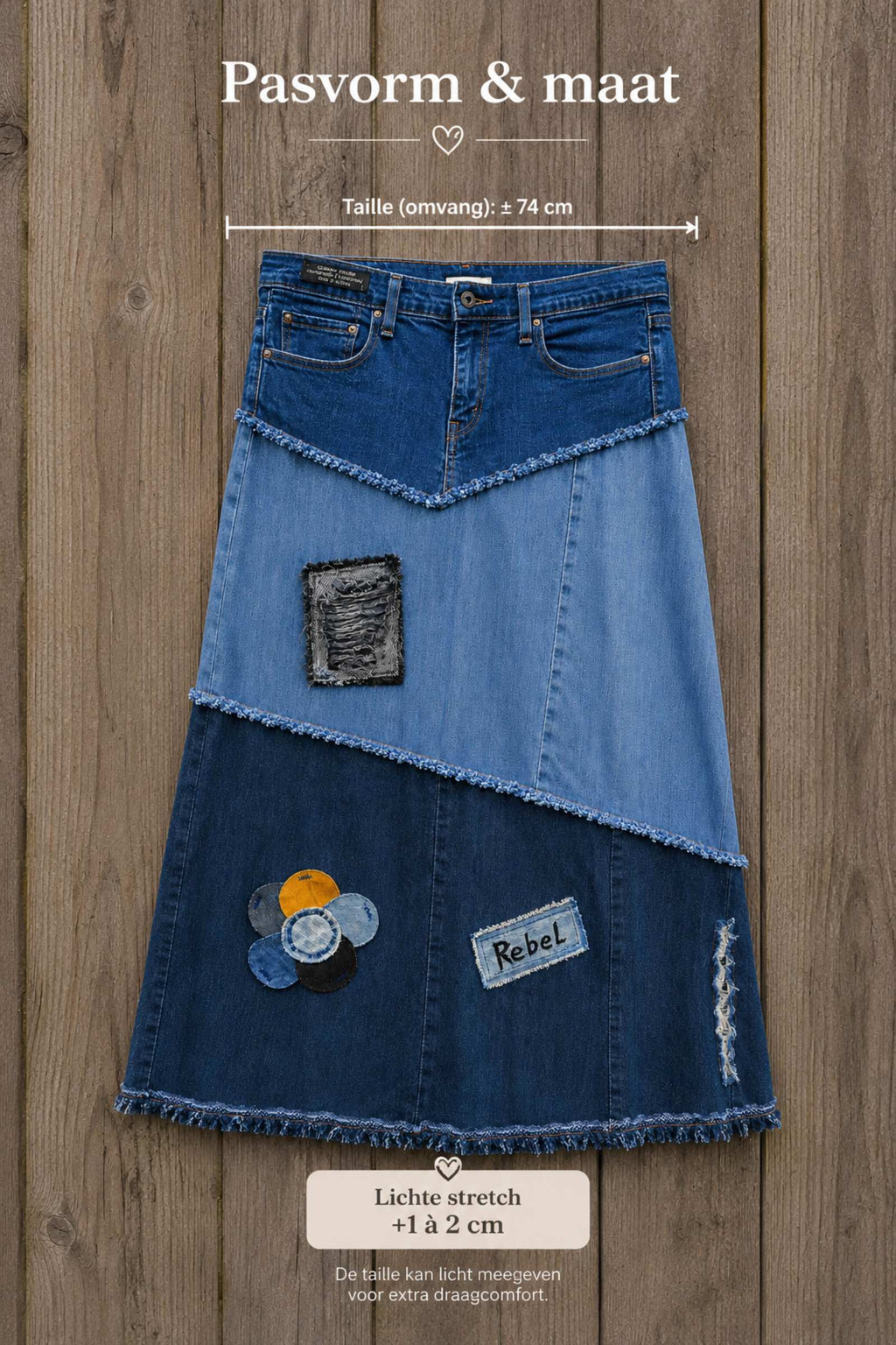 Rebel Soul handgemaakte upcycled denim patchwork rok maatoverlay met tailleomvang 74 cm en lichte stretch - Old New Atelier