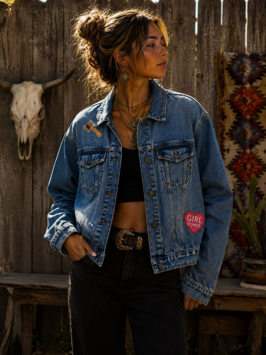 Boho model draagt upcycled denim jacket met Girl Power patch