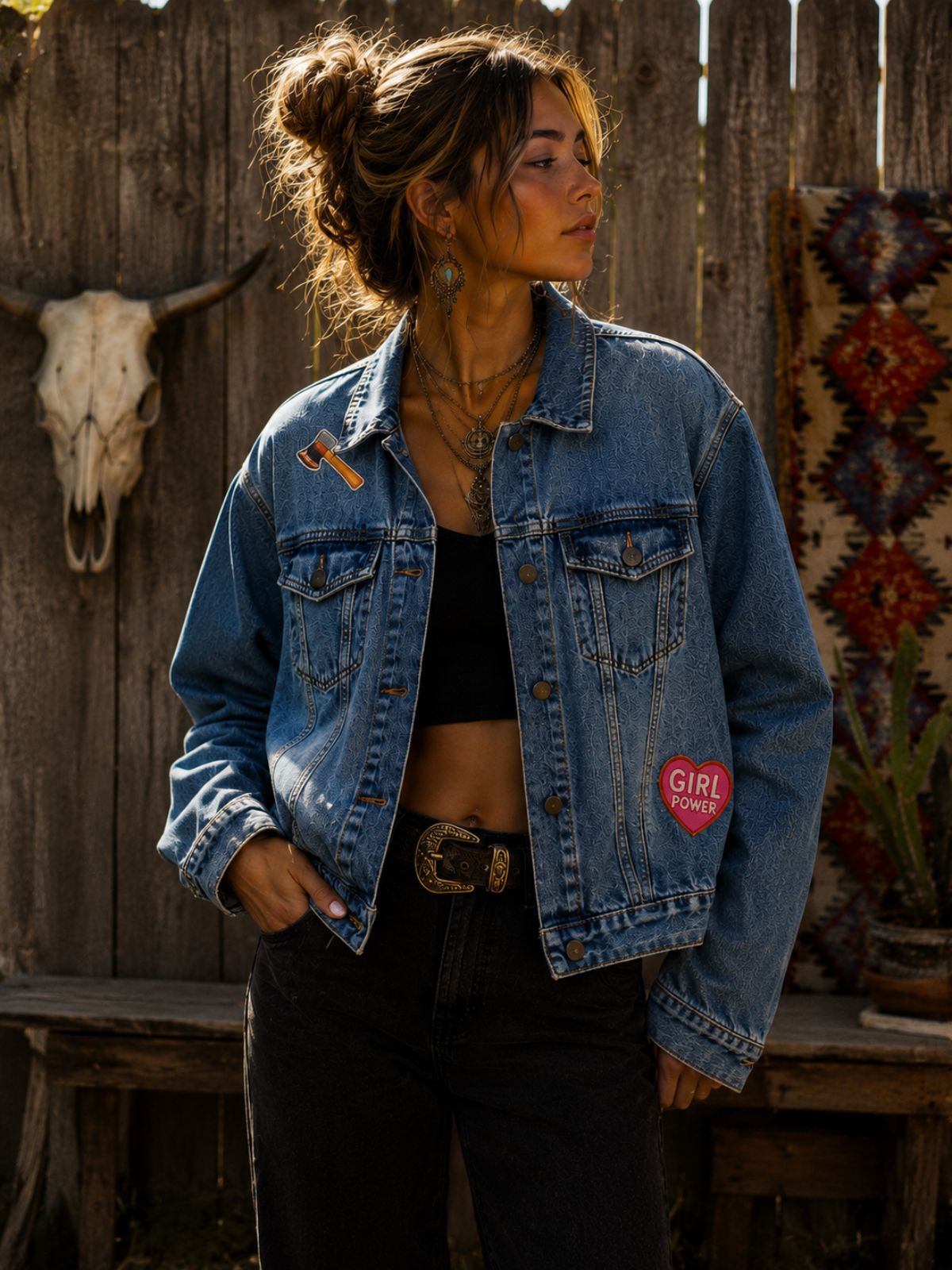 Boho model draagt upcycled denim jacket met Girl Power patch