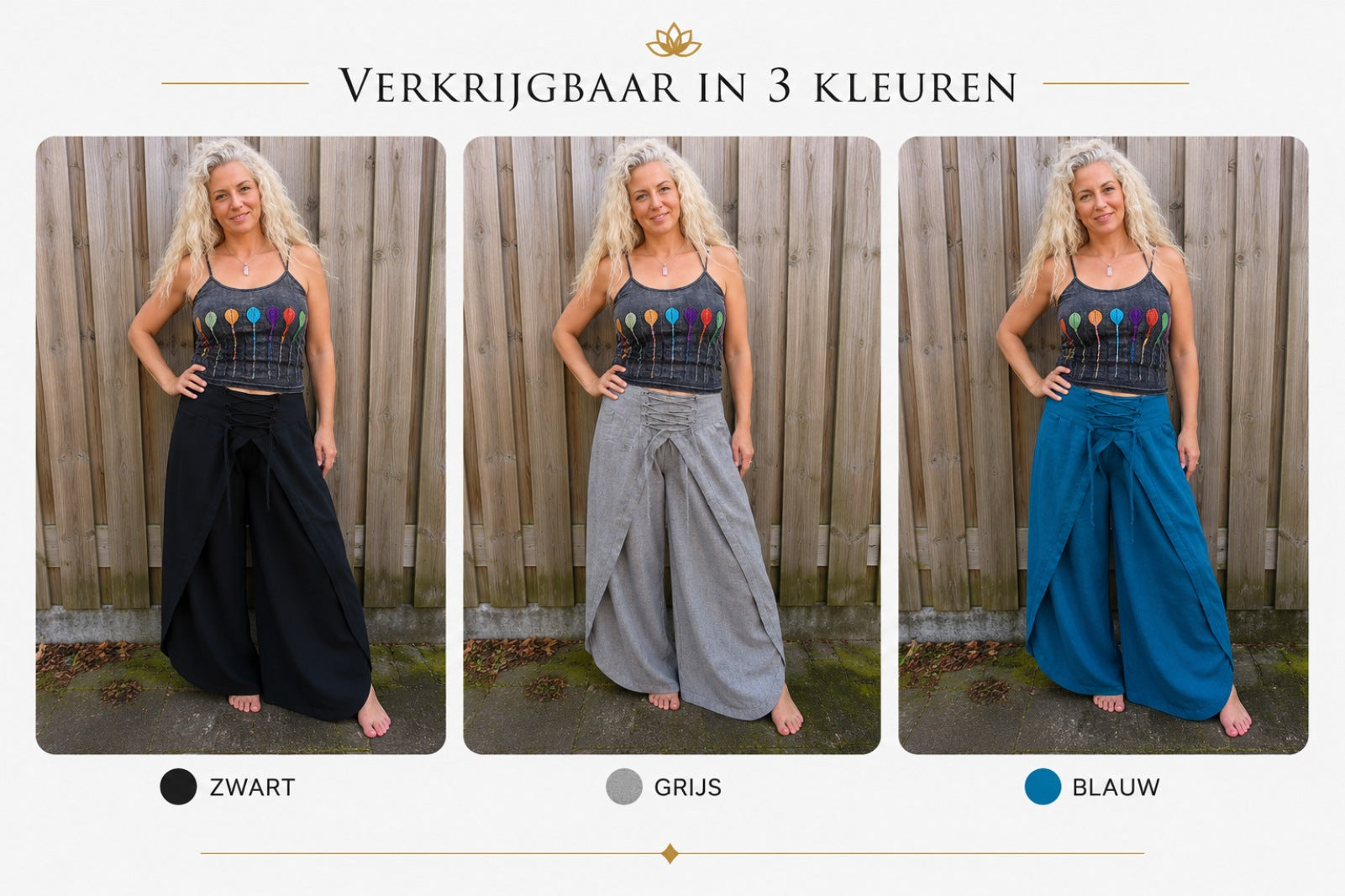 Boho omslagbroek van 100% katoen verkrijgbaar in zwart, grijs en blauw – Old New Atelier
