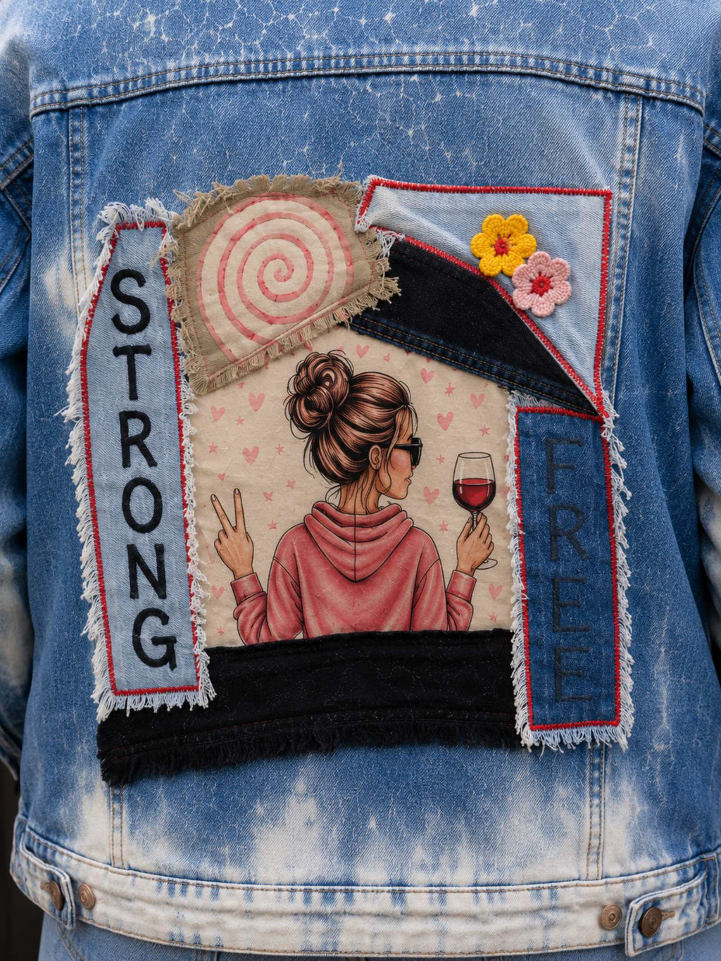 Close-up Strong & Free rugkunstwerk met denim patchwork rafelranden en bloemen