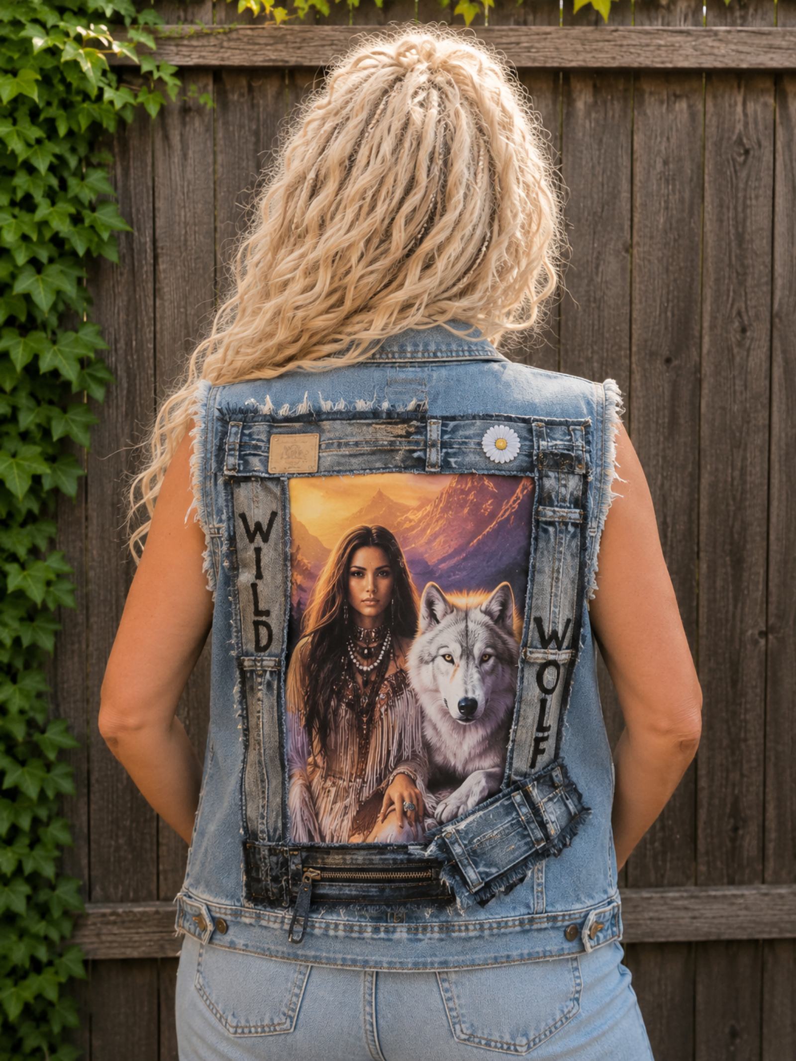 Upcycled denim hesje Wild Wolf gedragen met vrouw en wolf kunstwerk op de rug