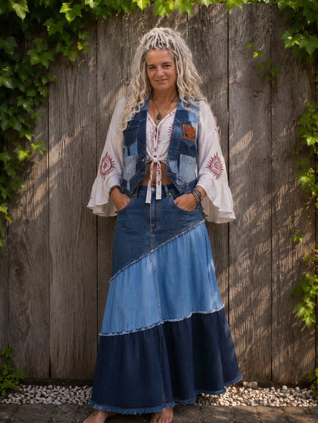 Levi's upcycled denim rok gedragen met handgemaakt upcycled denim hesje